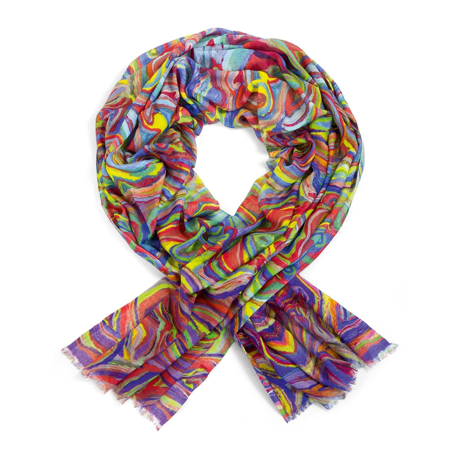 Der Pashmina-Schal „Regenbogen“ besticht durch ein abstraktes, wellenförmiges Muster in Blau, Rot, Gelb und Grün. Sein weicher, leichter Stoff ist kunstvoll zu einer Schleife mit Fransenkanten angeordnet und unterstreicht so die lebendige Farbenvielfalt.