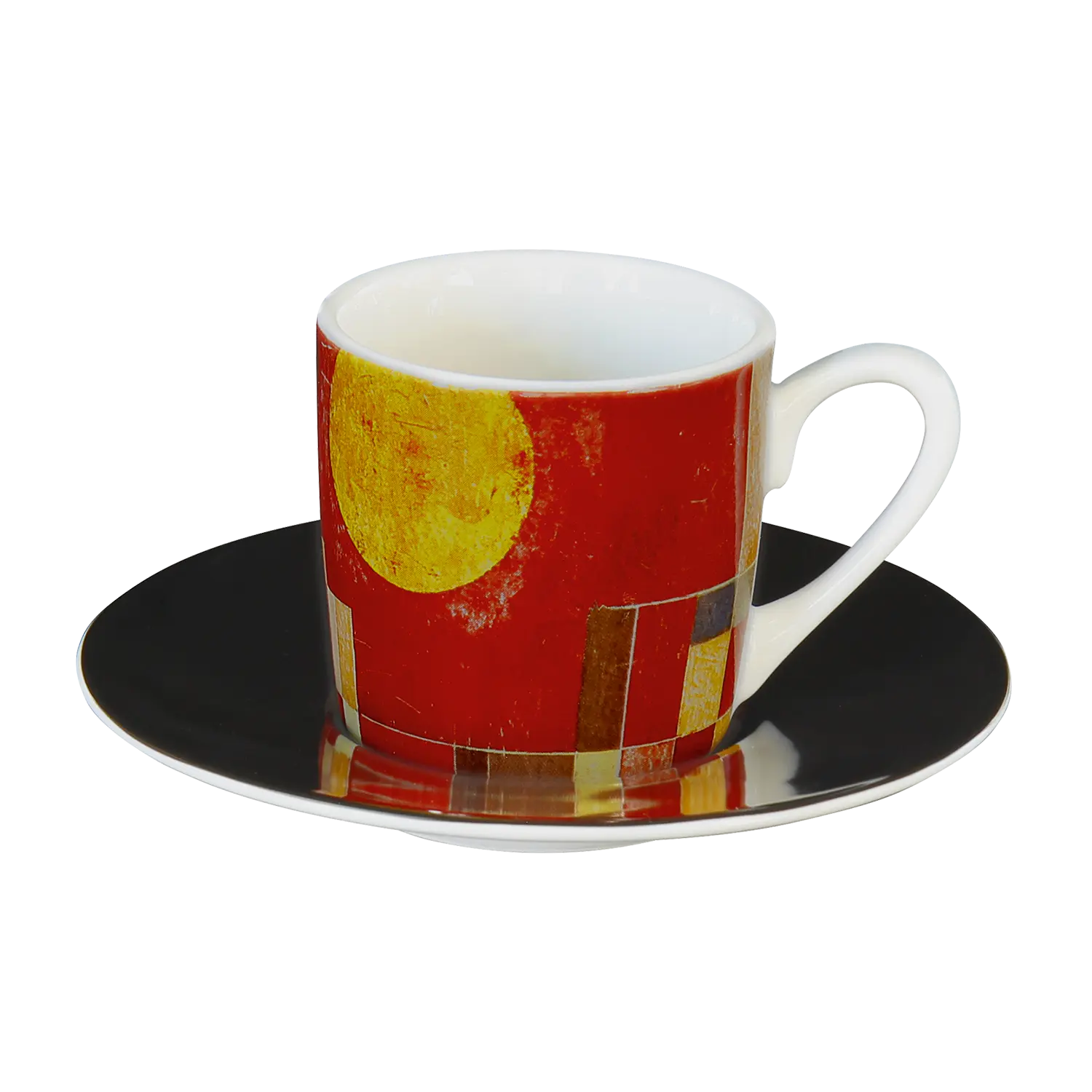 Das Set aus 4 Espressotassen von Paul Klee präsentiert sich in einer ansprechenden Anordnung auf einem eleganten weißen Hintergrund. Jede Tasse ist verschieden gefärbt und zeigt ein einzigartiges, lebendiges Motiv aus der Kunst des berühmten Malers.