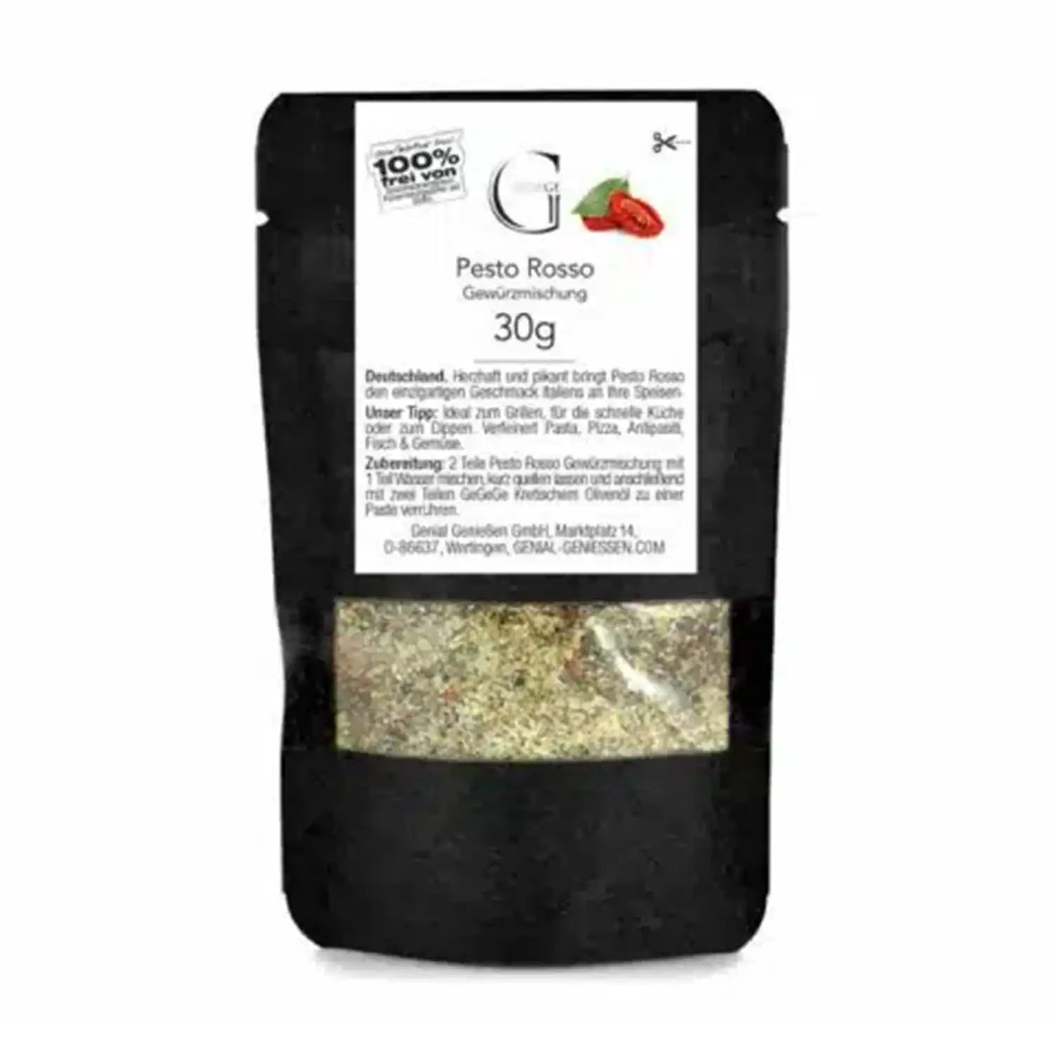 Schwarzer Beutel mit der Gewürzmischung Pesto Rosso mit weißem Etikett und Abbildung einer Tomate.