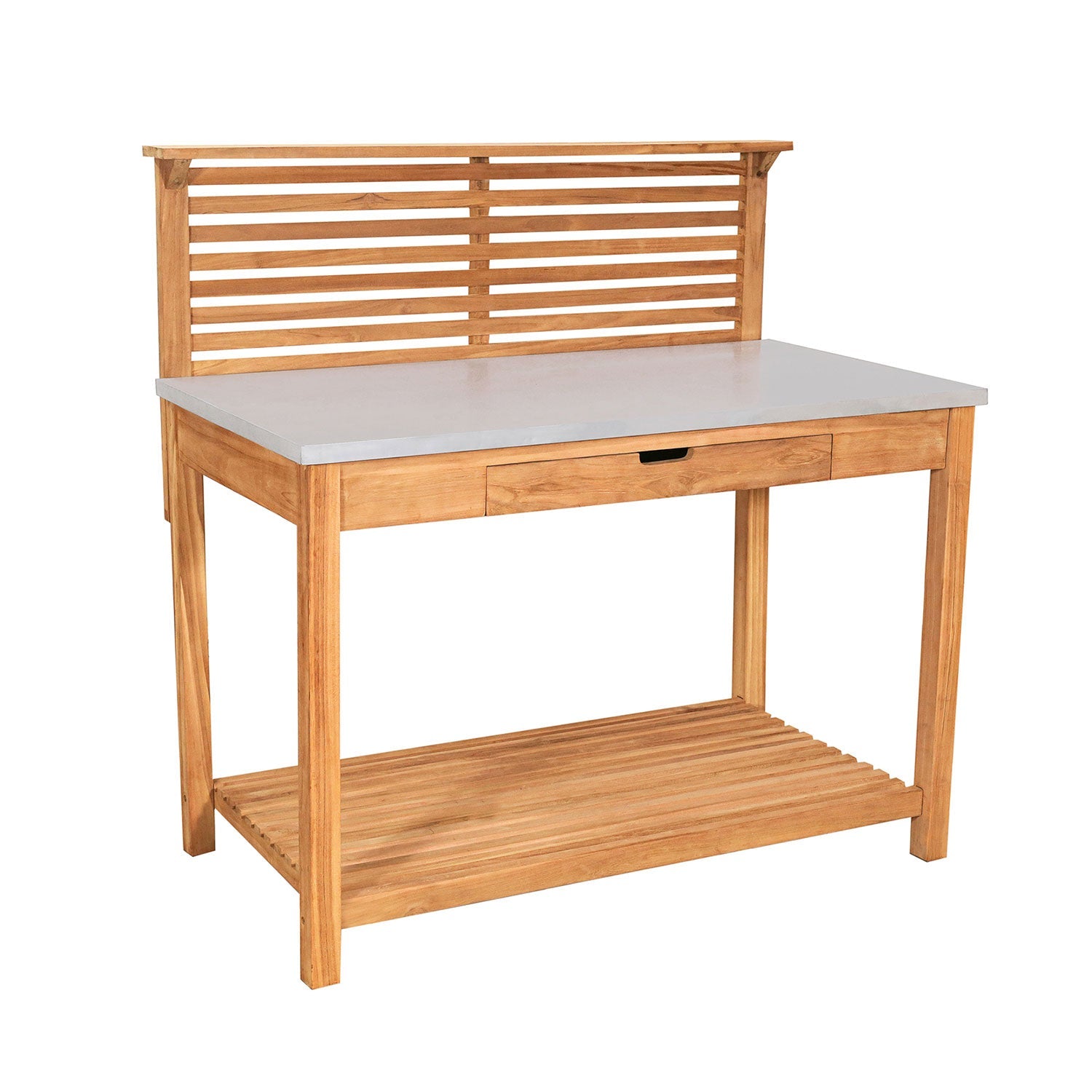 Der aus Teakholz gefertigte Pflanztisch Outdoor aus Holz verfügt über eine Lattenrost-Rückenlehne, eine glatte graue Tischplatte, eine untere Ablagefläche und eine kleine Schublade unter der Tischplatte für praktischen Stauraum für Gartengeräte.