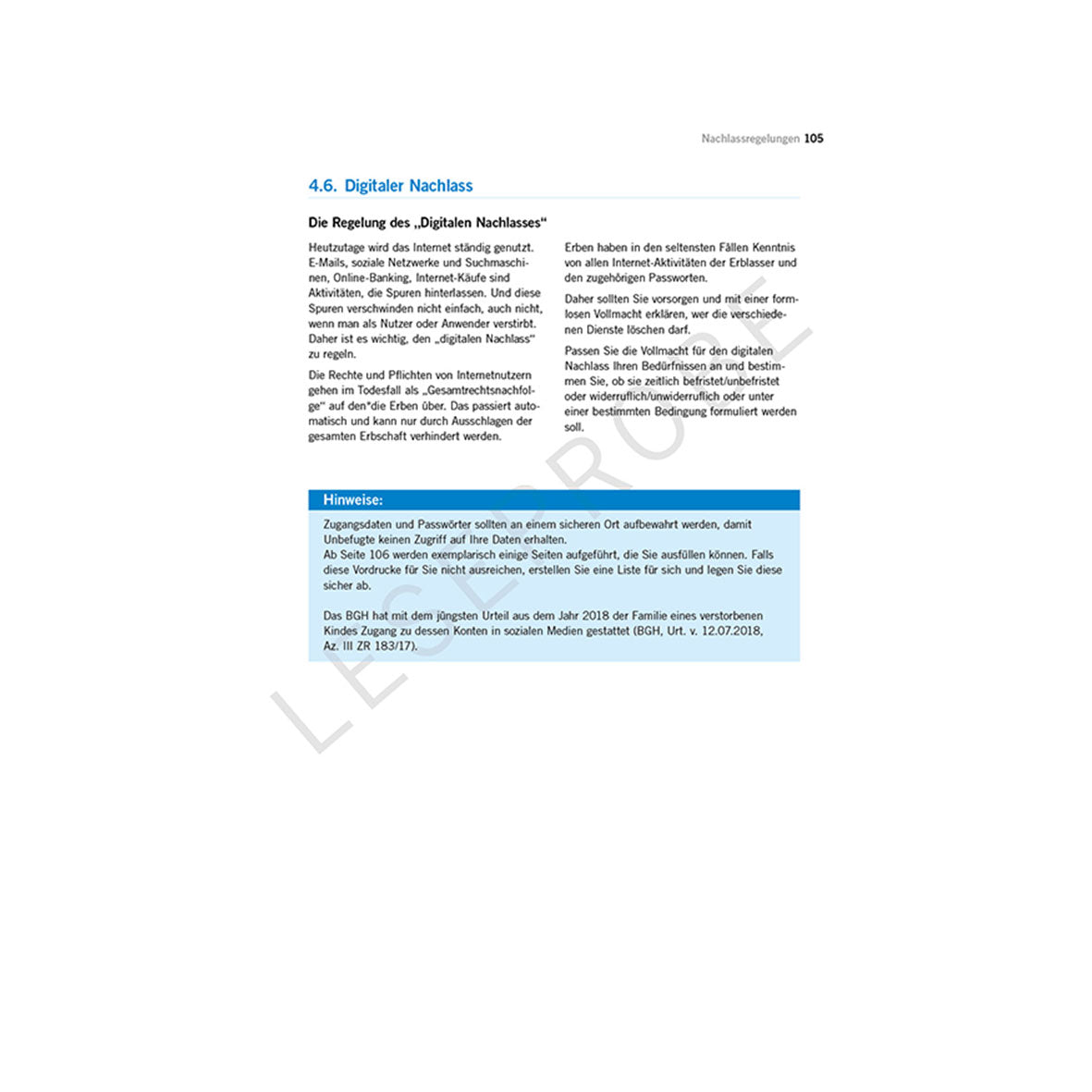 Das Bild zeigt eine Seite aus „Pflege und Vorsorge – geregelt!“ zur digitalen Nachlassverwaltung. Der Schwerpunkt liegt auf der sicheren Speicherung von Anmeldedaten. Ein blau hervorgehobener Abschnitt „Hinweis“ bietet wichtige Sicherheitstipps als Handlungsleitfaden für Nutzer. Seite 105 erscheint oben rechts.