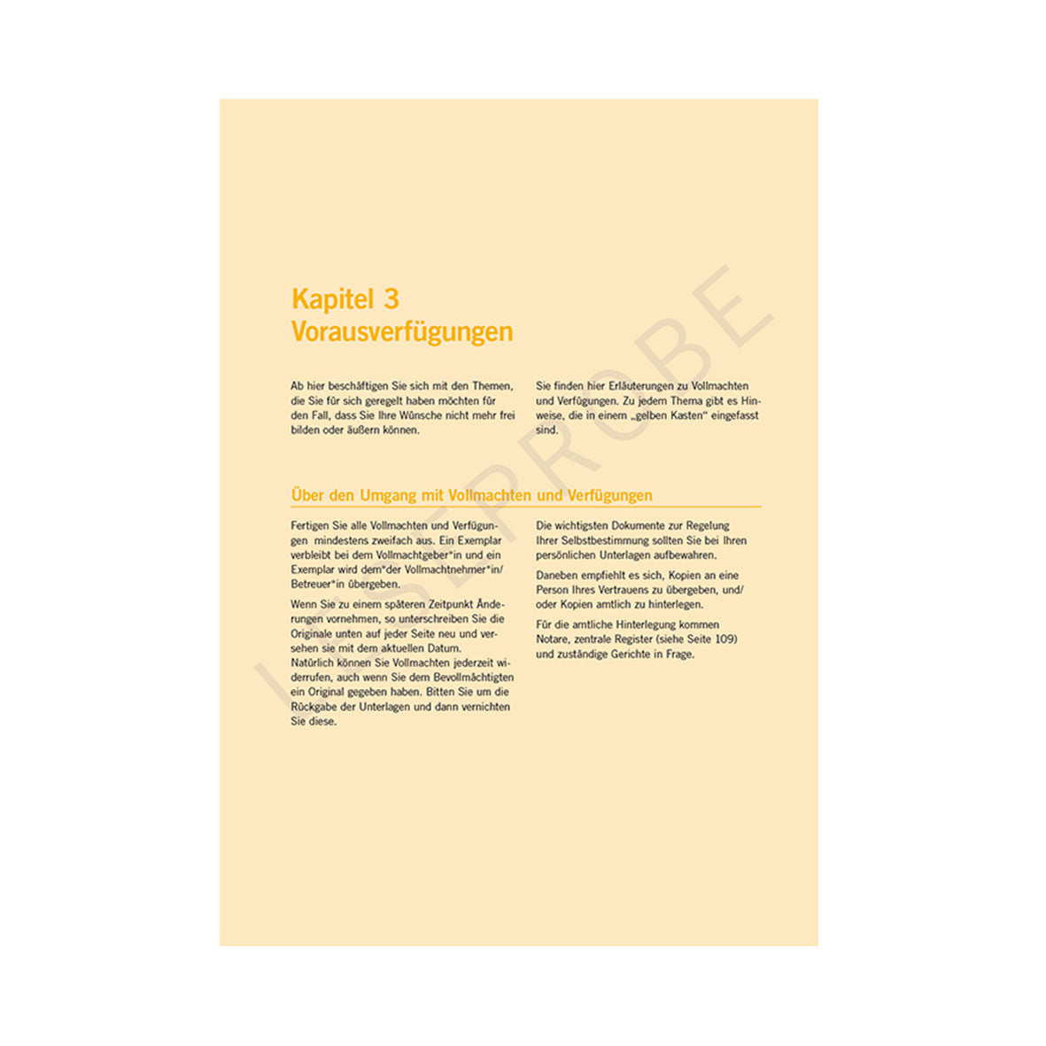 Das Dokument mit dem Titel „Kapitel 3 Vorausverfügungen“ enthält gelben Text und einen Untertitel „Über den Umgang mit Vollmachten und Verfügungen“, der auf einem hellgelben Hintergrund zentriert ist. Es ist Teil der Initiative „Pflege und Vorsorge – Geregelt!“ Serie, die als Handlungsleitfaden für Pflegebedürftigkeitssituationen dient.