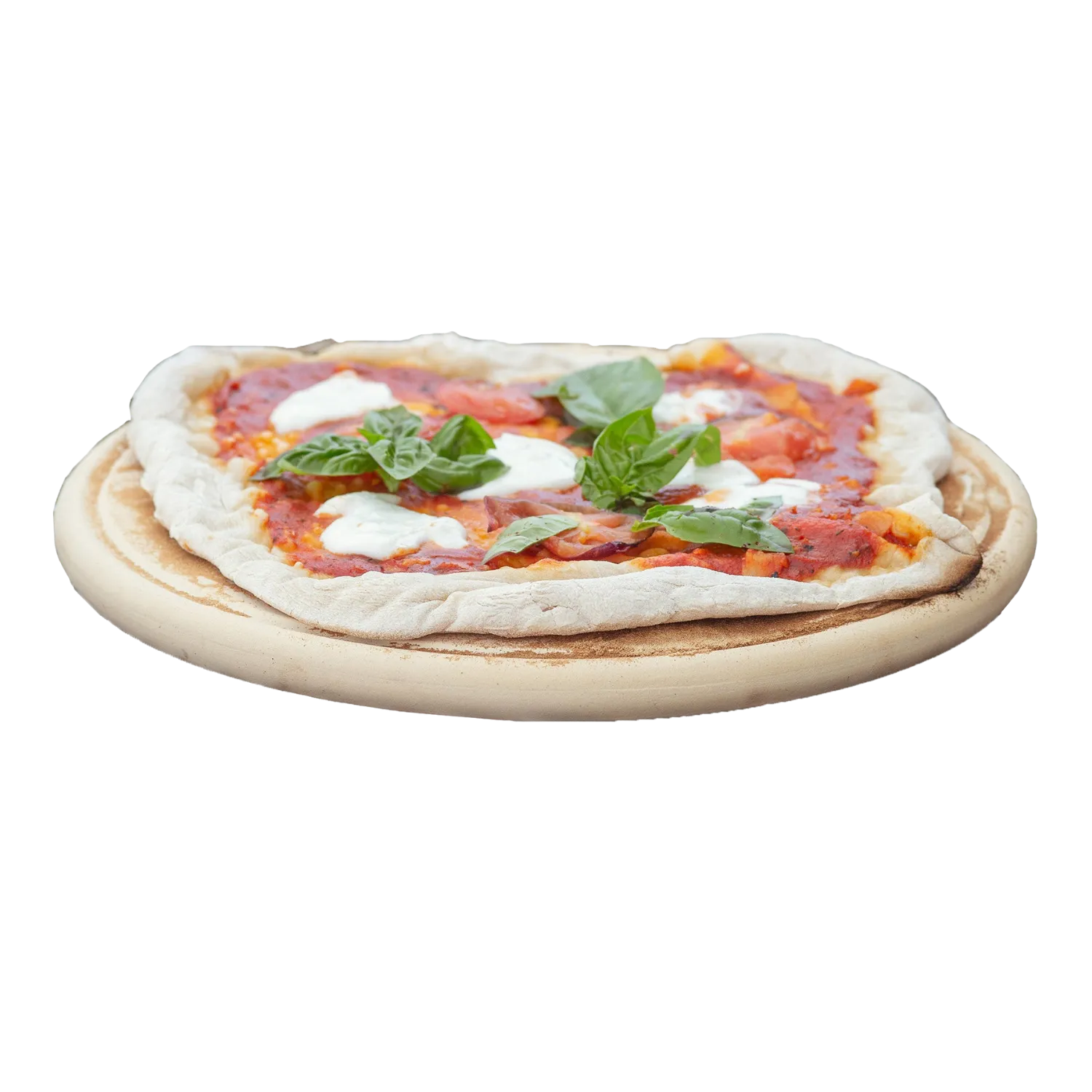 Pizza Margherita mit Basilikum auf einer CeraFlam® Pizzaplatte für Ofen und Grill.