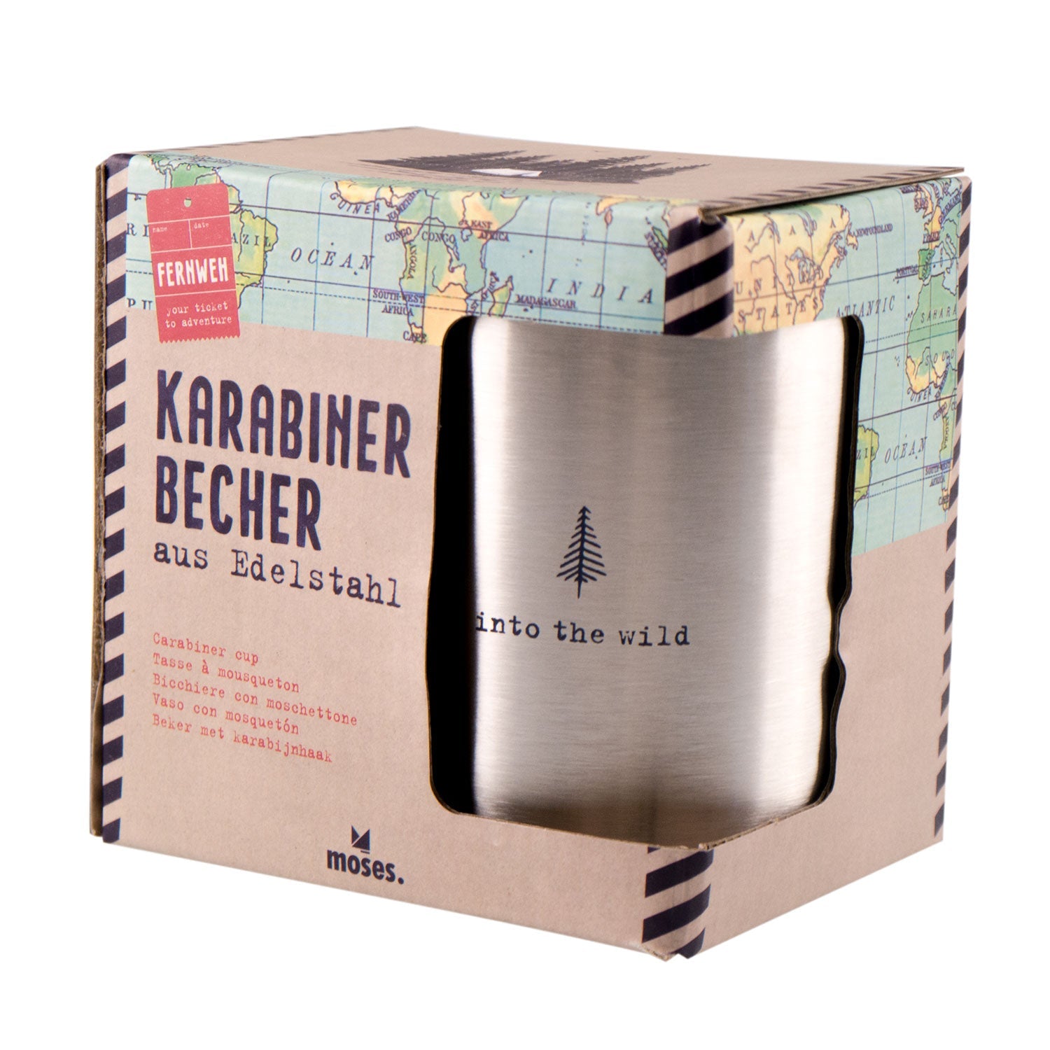 Der Fernweh-Karabinerbecher, zu sehen durch einen Verpackungsausschnitt mit einem Vintage-Kartendesign und dem Text „Karabinerbecher aus Edelstahl“, verfügt über eine Edelstahlkonstruktion, einen Karabinergriff, ein kleines Baumlogo und den Spruch „Into the Wild“ – ideal zum Campen.