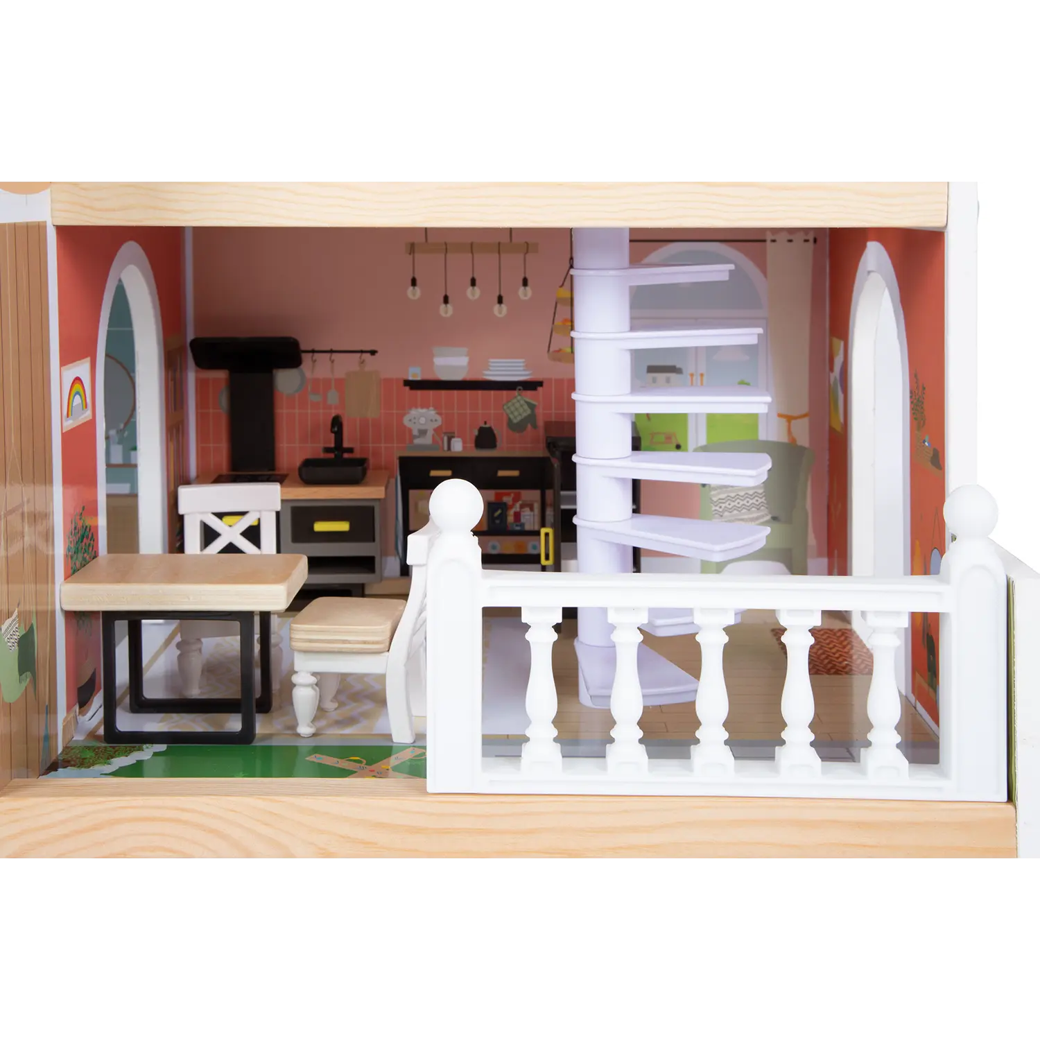 Puppenhaus ab 3 Jahren mit Küche, Essbereich und weißer Wendeltreppe.