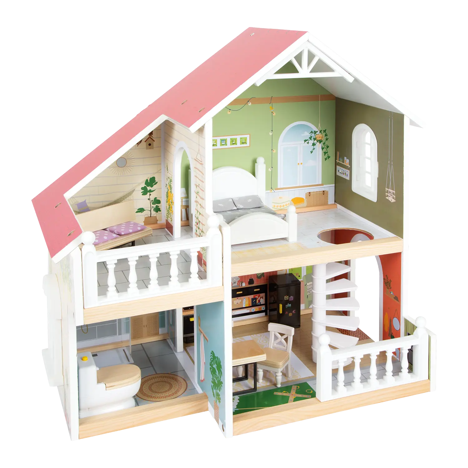 Puppenhaus mit Dachterasse, bemalten Zimmern und abgerundeten Kanten.