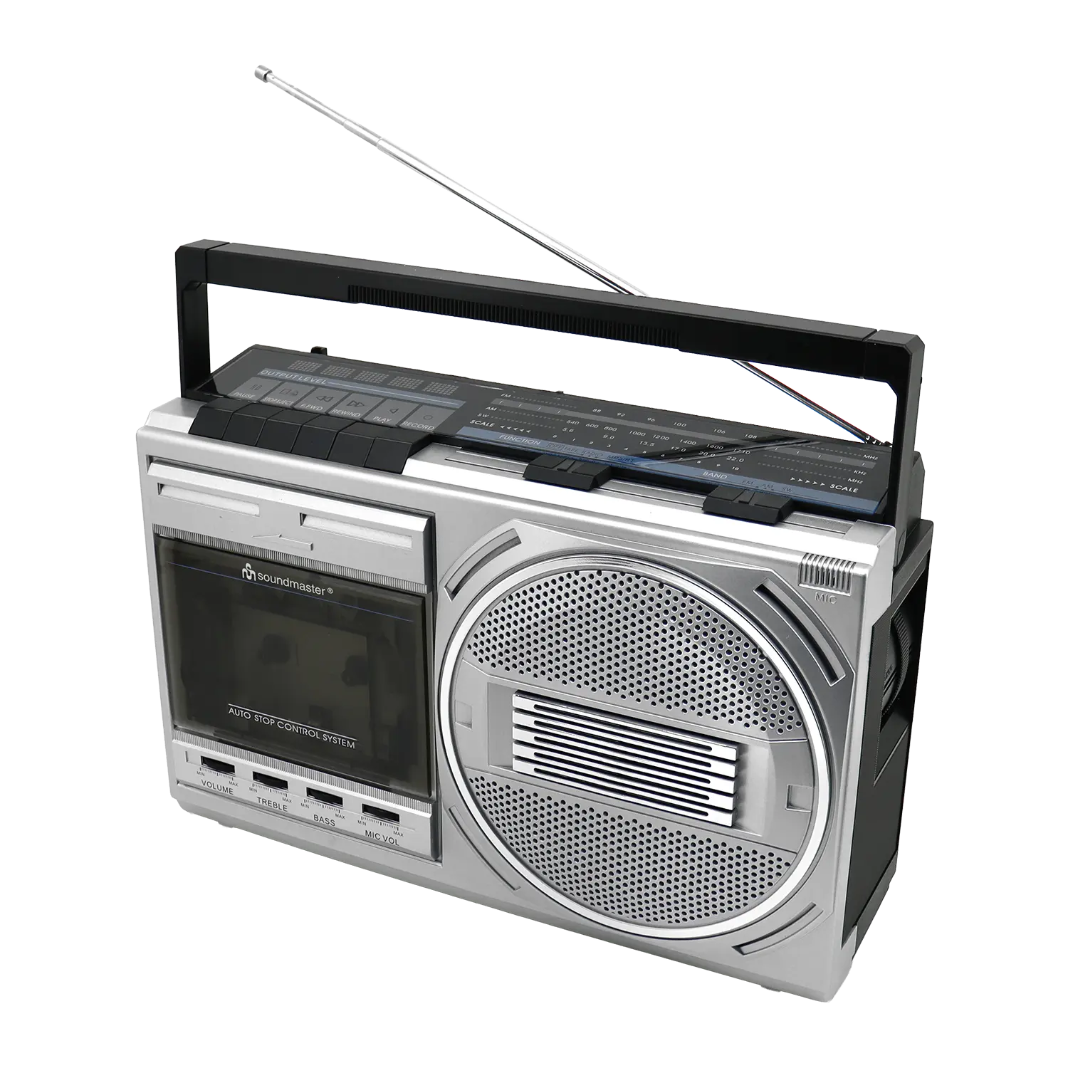 Silberner Retro Radiokassettenrekorder mit Antenne und Kassettendeck.