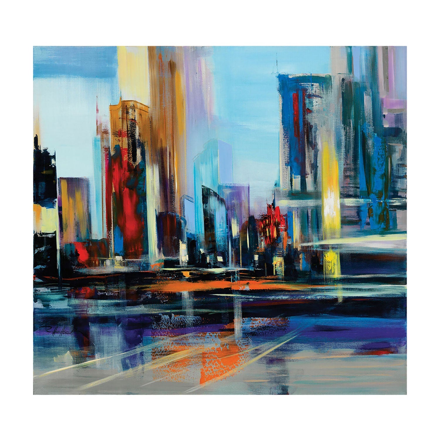 Das Ars Mundi Exklusiv-Edition-Kunstwerk „Stadtklang“ zeigt eine abstrakte Stadtlandschaft mit leuchtend blauen, roten und gelben Gebäuden auf einer Aluminiumplatte. Die verschwommenen Linien und Spiegelungen vermitteln Bewegung und Energie in der urbanen Umgebung.