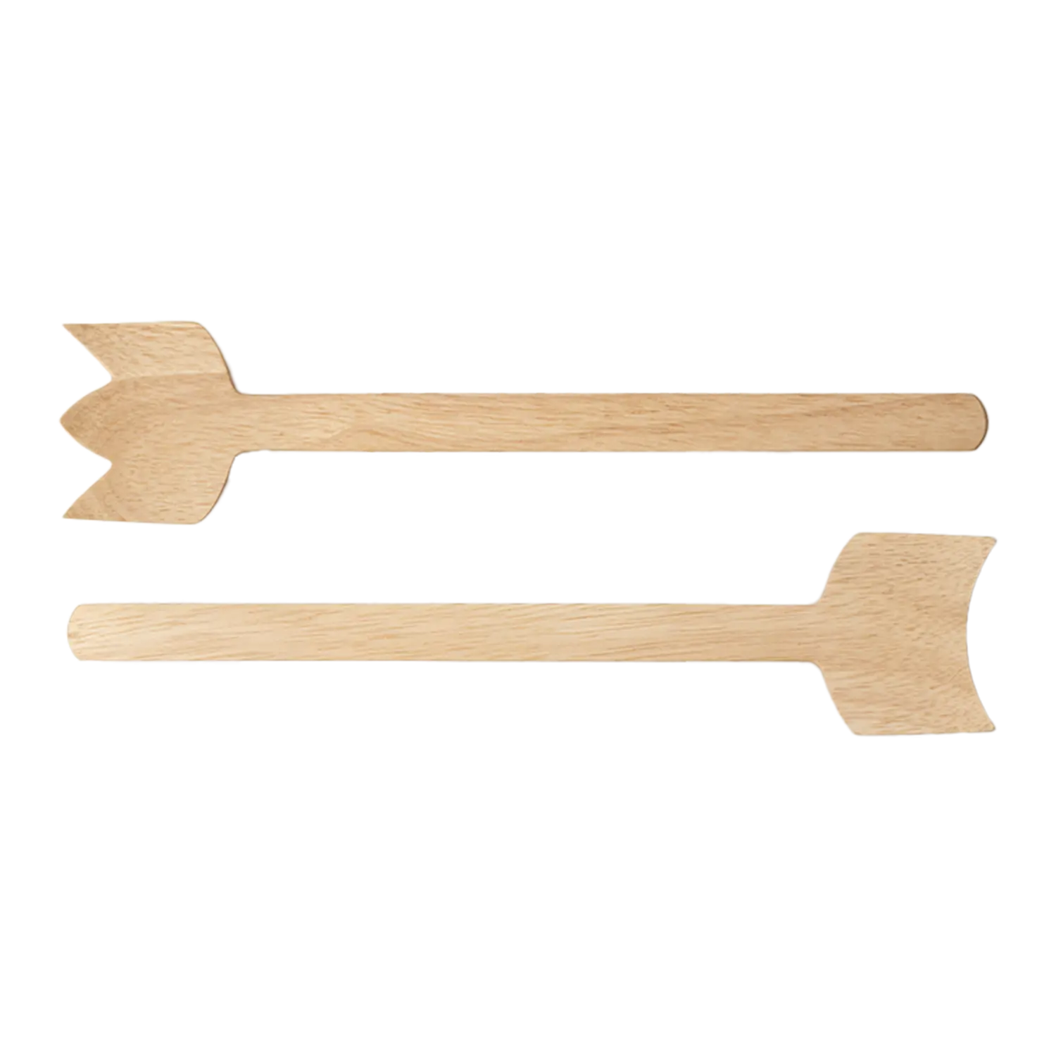 Zwei flache Salatbestecke aus Gummibaumholz, nachhaltig hergestellt.