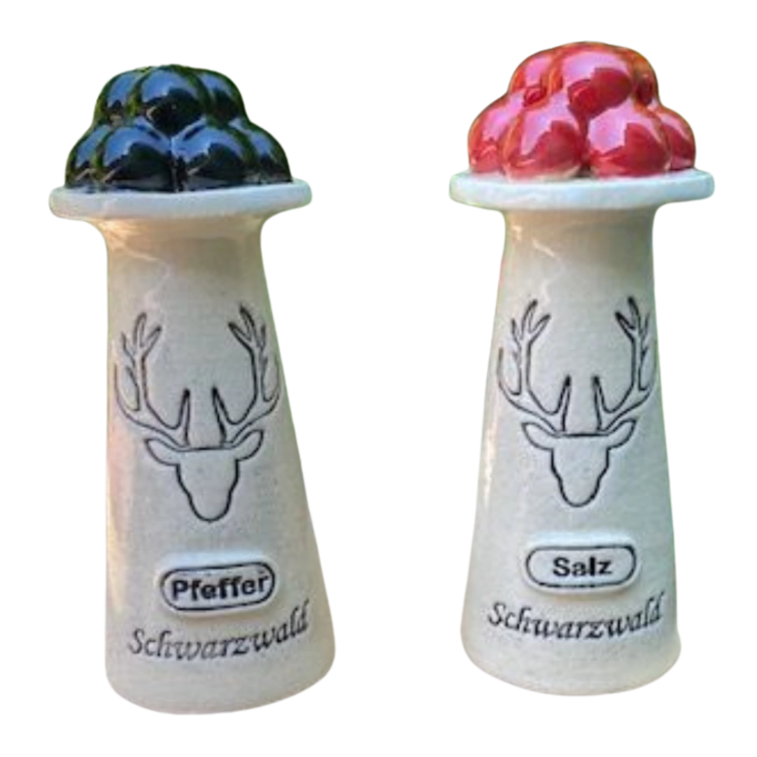 Schwarzwald Salz- und Pfefferstreuer Set "Wendelin" mit Hirschdekor aus Keramik.