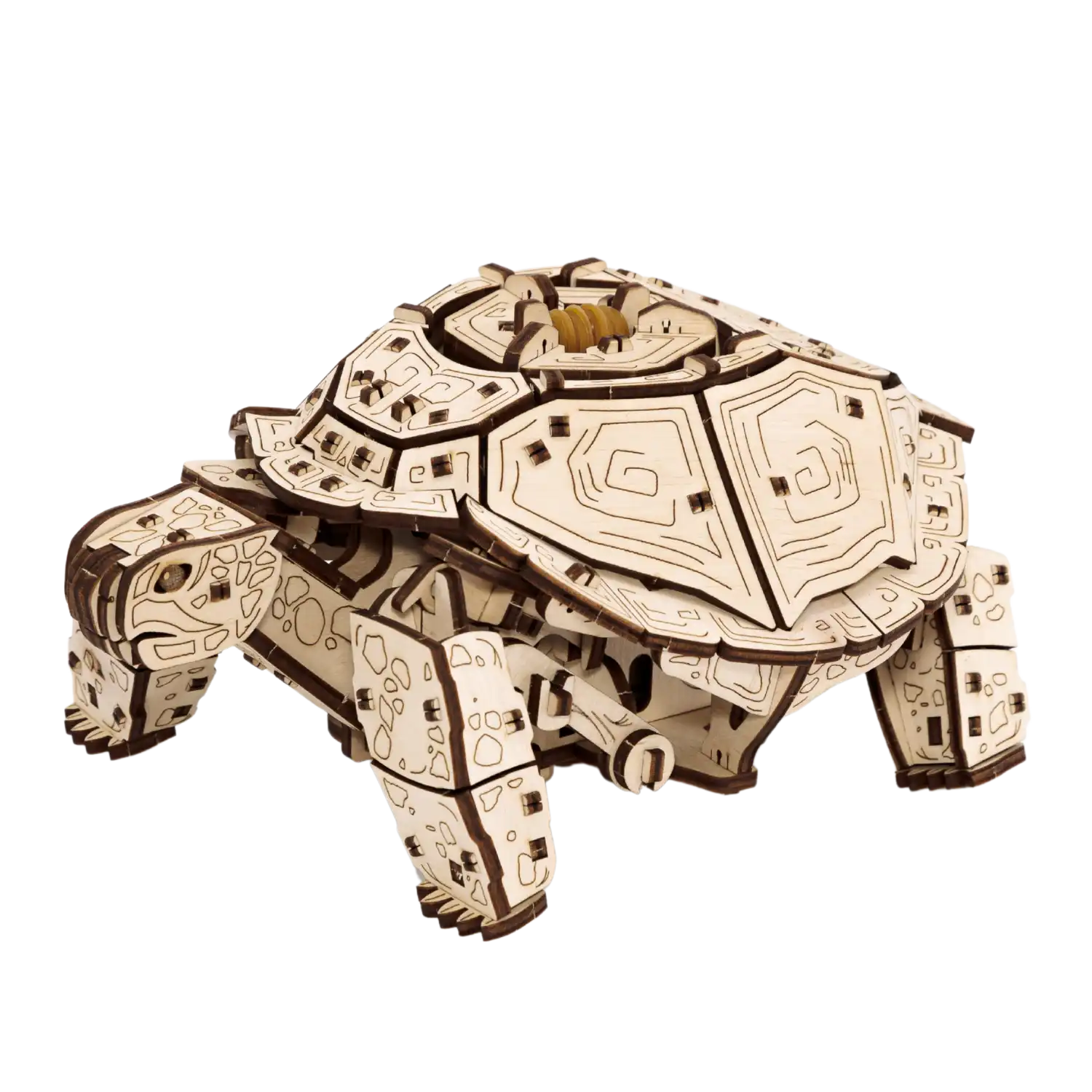 Das 3D-Holzpuzzle „Mechanische Schildkröte“ ist ein mechanisches Modell einer Schildkröte, das aus aufwendig geschnittenen Holzstücken gefertigt ist und detaillierte Schnitzereien und Muster auf Panzer und Beinen aufweist.