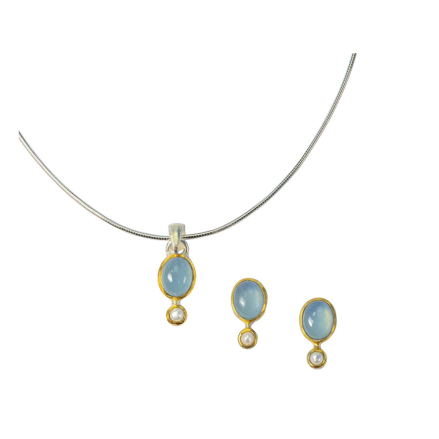 Schmuckset "Estelle": Silberkette Ohrringe mit blauen Steinen, Goldakzente.