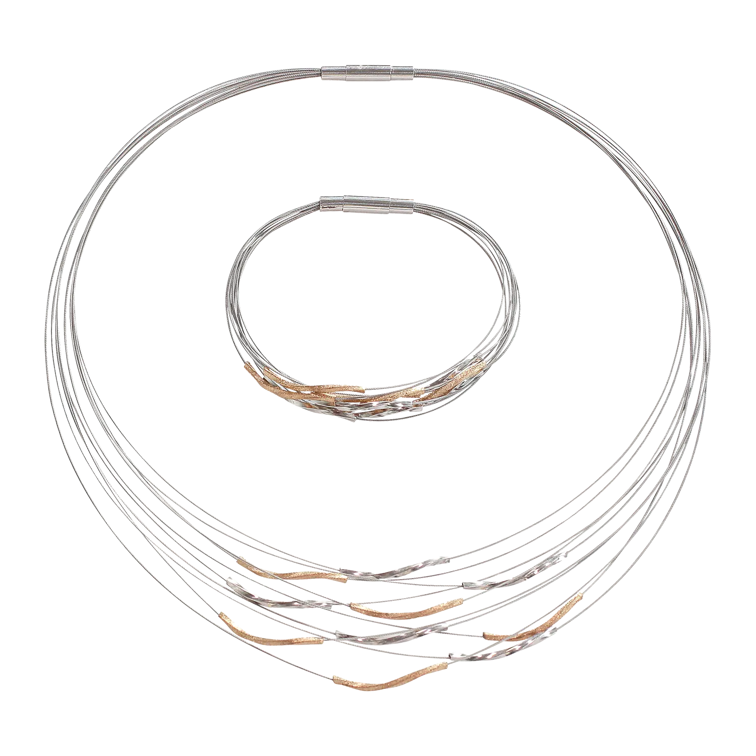 Schmuckset "Waves": Collier Armband aus 925er Silber mit Goldakzenten.