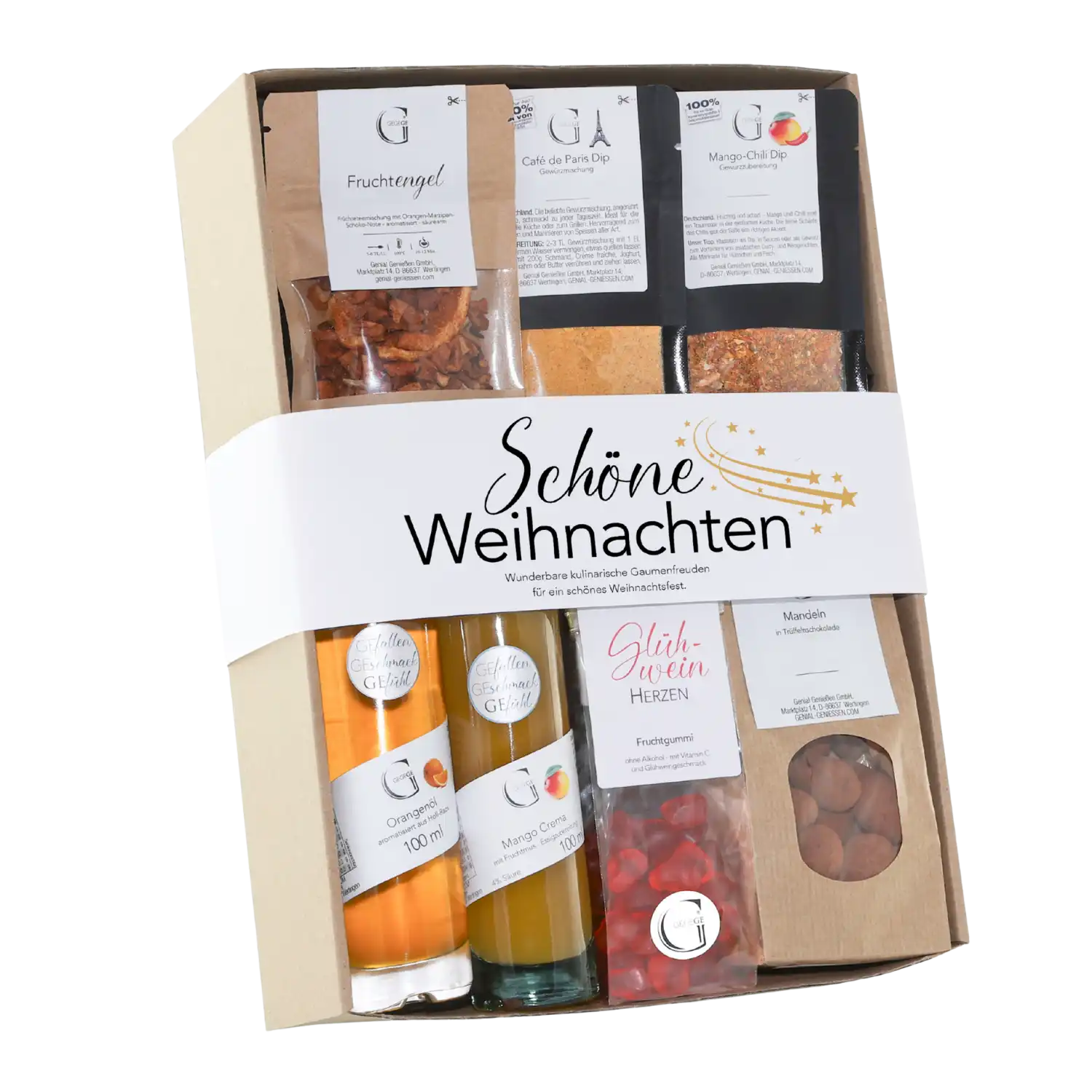 Schönes Weihnachten Geschenkset: Snacks, Saft, Gewürzmix Schokolade.