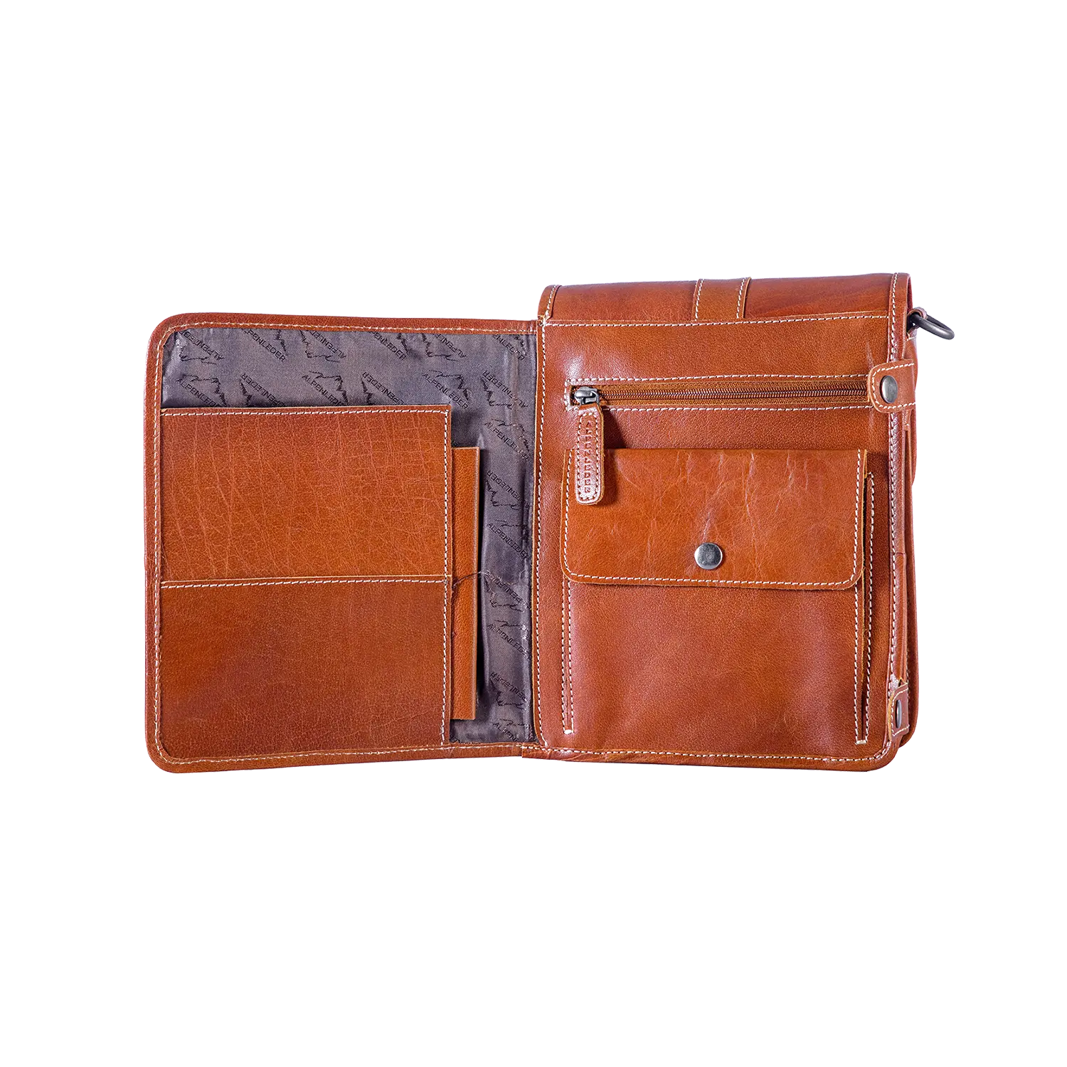 Offene braune Schultertasche GALILEO mit Taschen und Reißverschluss auf weißem Hintergrund.