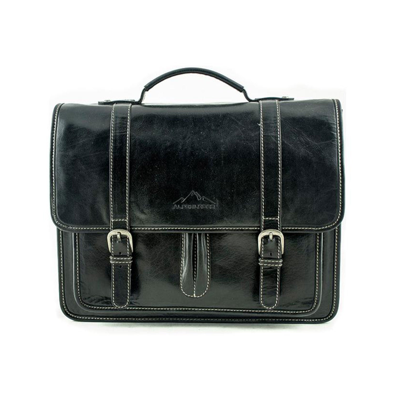 Die Aktentasche OHIO ist eine schwarze Ledertasche mit Steppmuster, zwei Schnallenriemen vorne, einem Tragegriff und wasserabweisender Oberfläche. Dank des Laptopfachs eignet sie sich perfekt für geschäftliche oder formelle Anlässe.