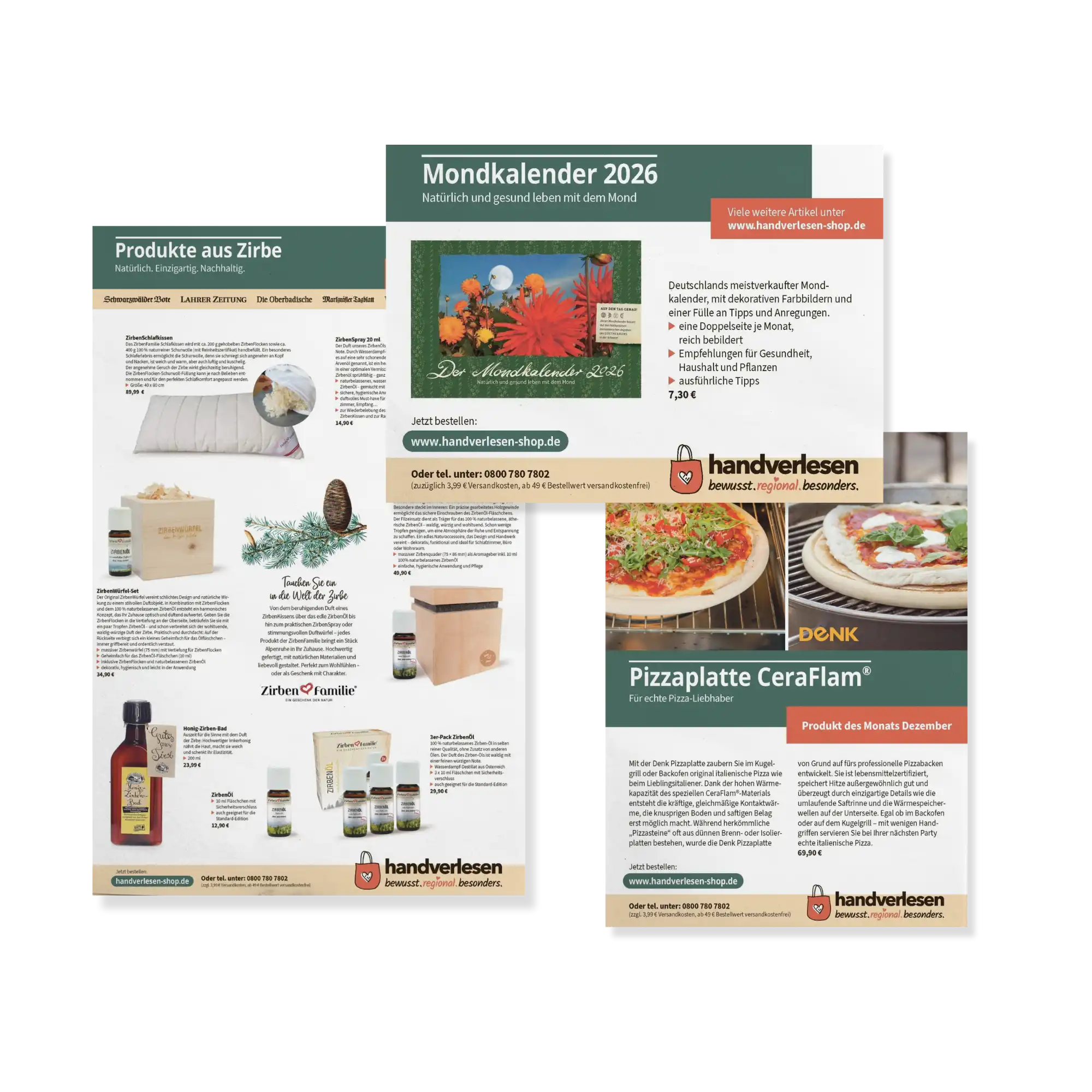 Drei deutsche Produktflyer mit Naturprodukten und einem Mondkalender.