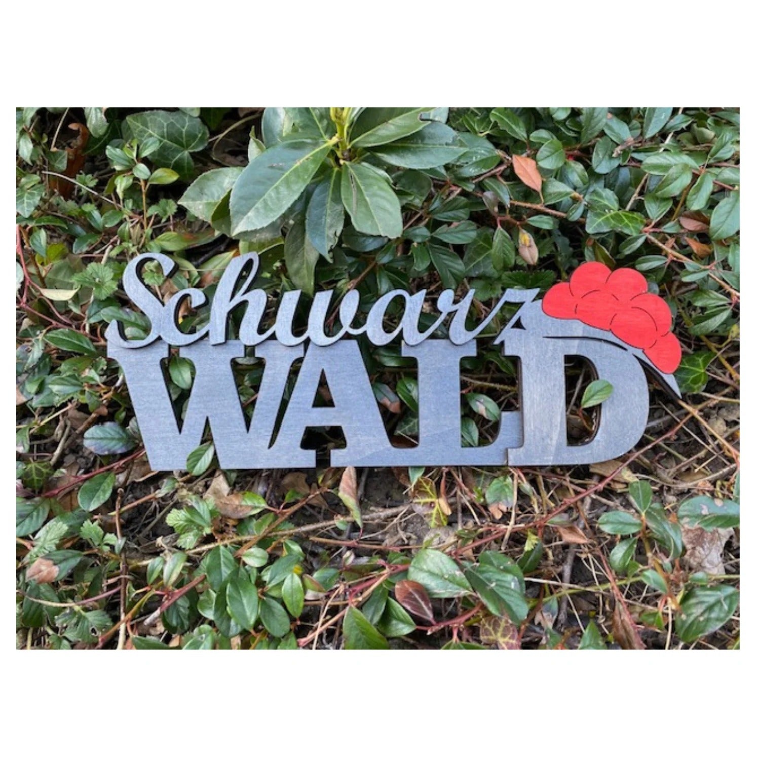 Schwarzwälder Schriftzug mit roten Blumen, blattreicher Grund; Wanddekor.