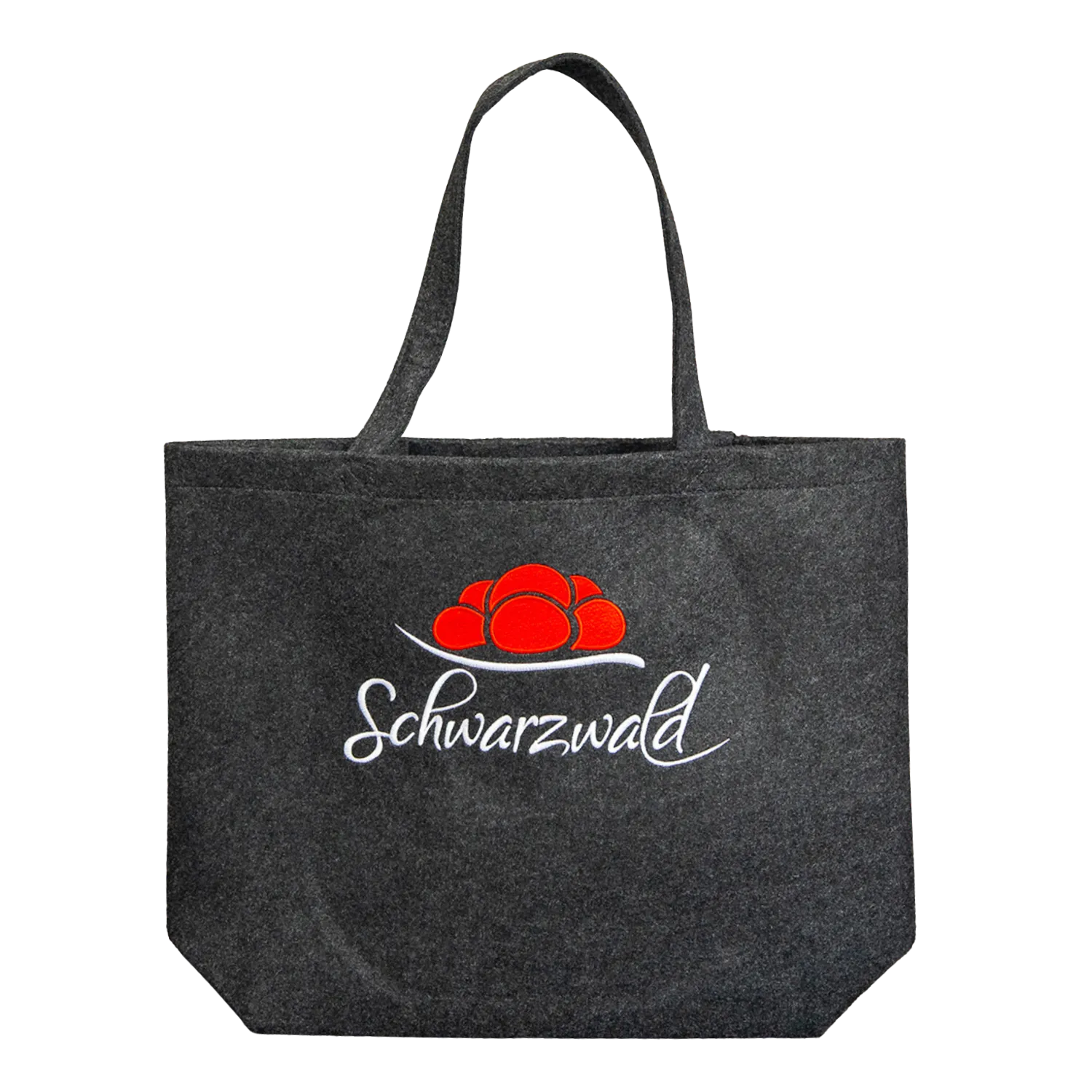 Dunkelgrauer Filz-Shopper "Schwarzwald" mit rotem Hutmotiv auf der Vorderseite.