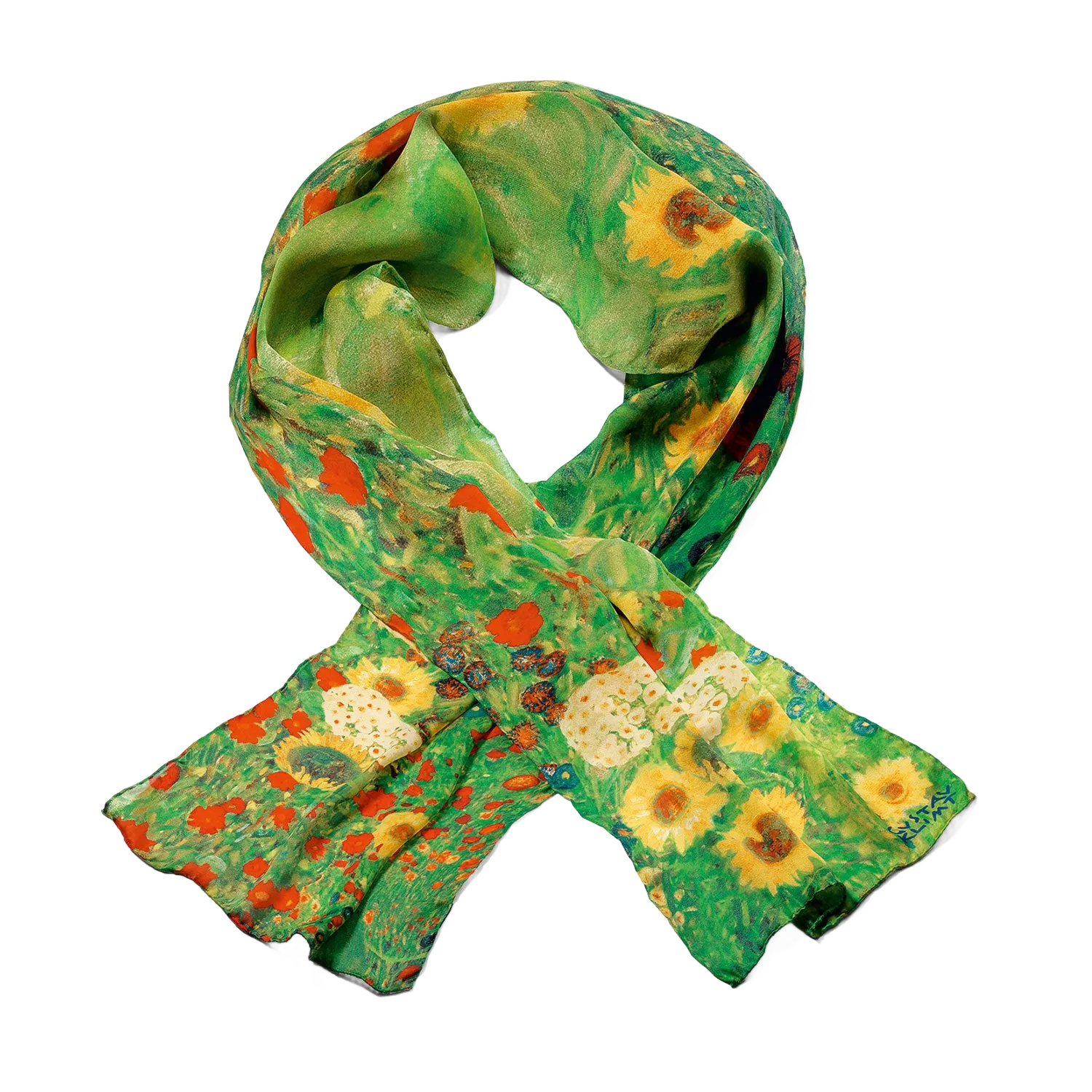 Seidenschaler "Bauerngarten mit Sonnenblumen" mit gelben roten Blumen, Klimt inspiriert.