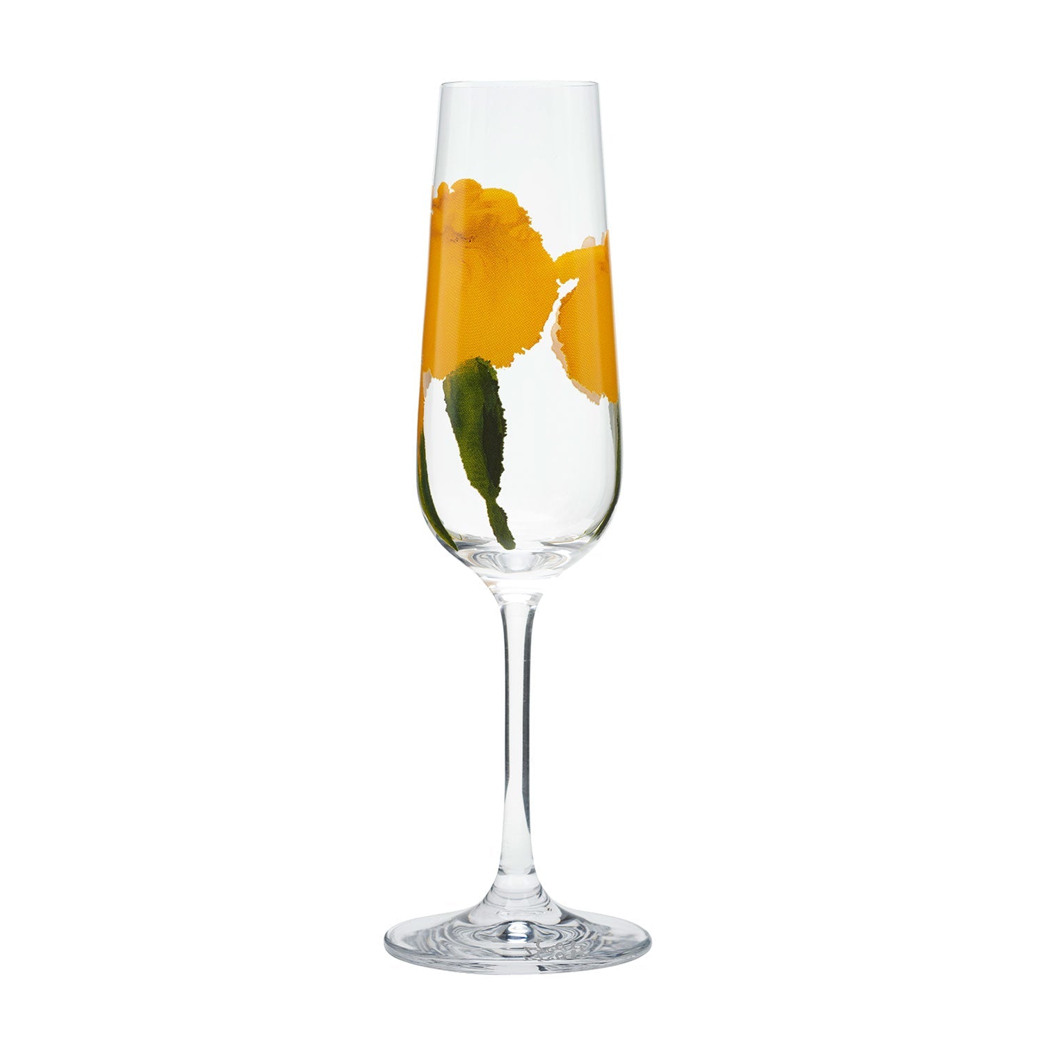 Ein klares Champagnerglas aus dem 4-teiligen Sektgläser-Set „Sommerblumen“ ist elegant mit einem von Emil Noldes Aquarell inspirierten Design verziert, das zwei gelbe Blumen und leuchtend grüne Blätter vor einem makellos weißen Hintergrund zeigt.