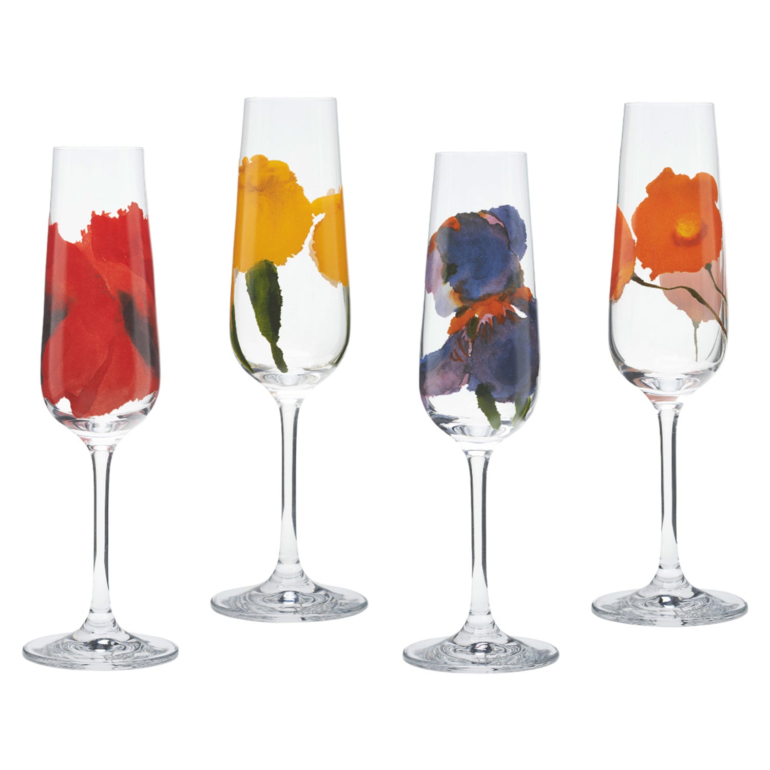 Das 4-teilige Sektgläser-Set „Sommerblumen“ besteht aus transparenten Sektgläsern, die mit gemalten Blumenmotiven in Rot-, Gelb-, Blau- und Orangetönen verziert sind. Jedes Glas zeigt ein einzigartiges Blumenmuster auf strahlend weißem Hintergrund, inspiriert von Emil Noldes Aquarellstil.