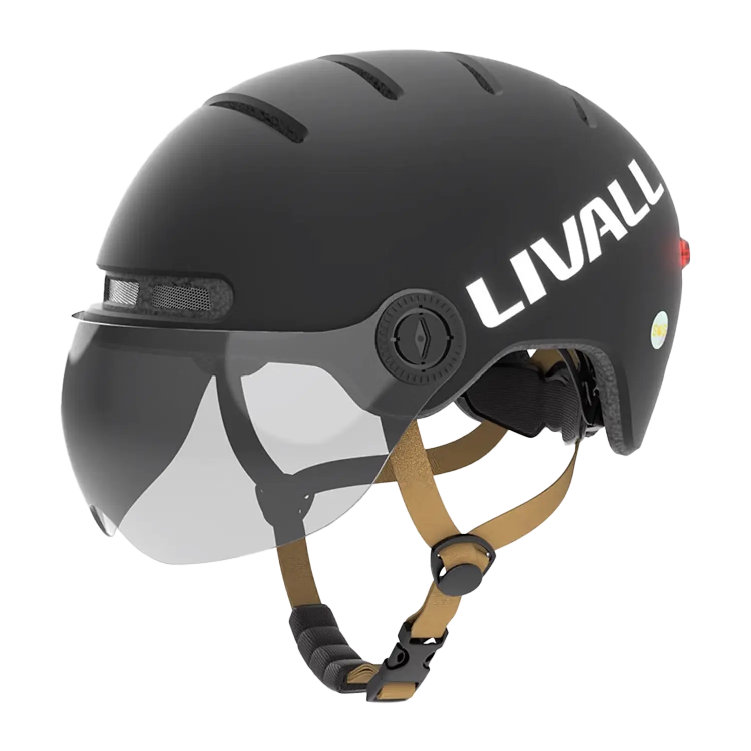 Ein mattschwarzer Fahrradhelm mit Visier, Bremslicht und SOS-Alarm mit Frontvisier, braunen Kinnriemen, seitlichem Einstellrad, rotem Rücklicht und weißem LIVALL-Logo an der Seite.