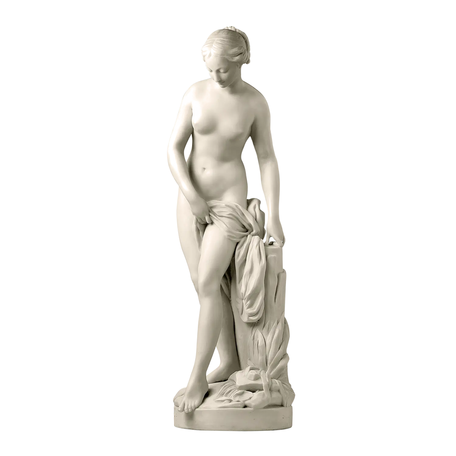 Skulptur "Badende": Marmorstatue einer nackten Frau mit drapiertem Stoff.