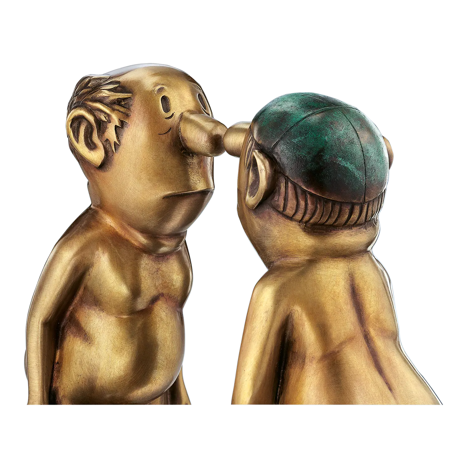 Skulptur "Herren im Bad", Bronze: Zwei karikaturistische Figuren, die sich die Nasen berühren.