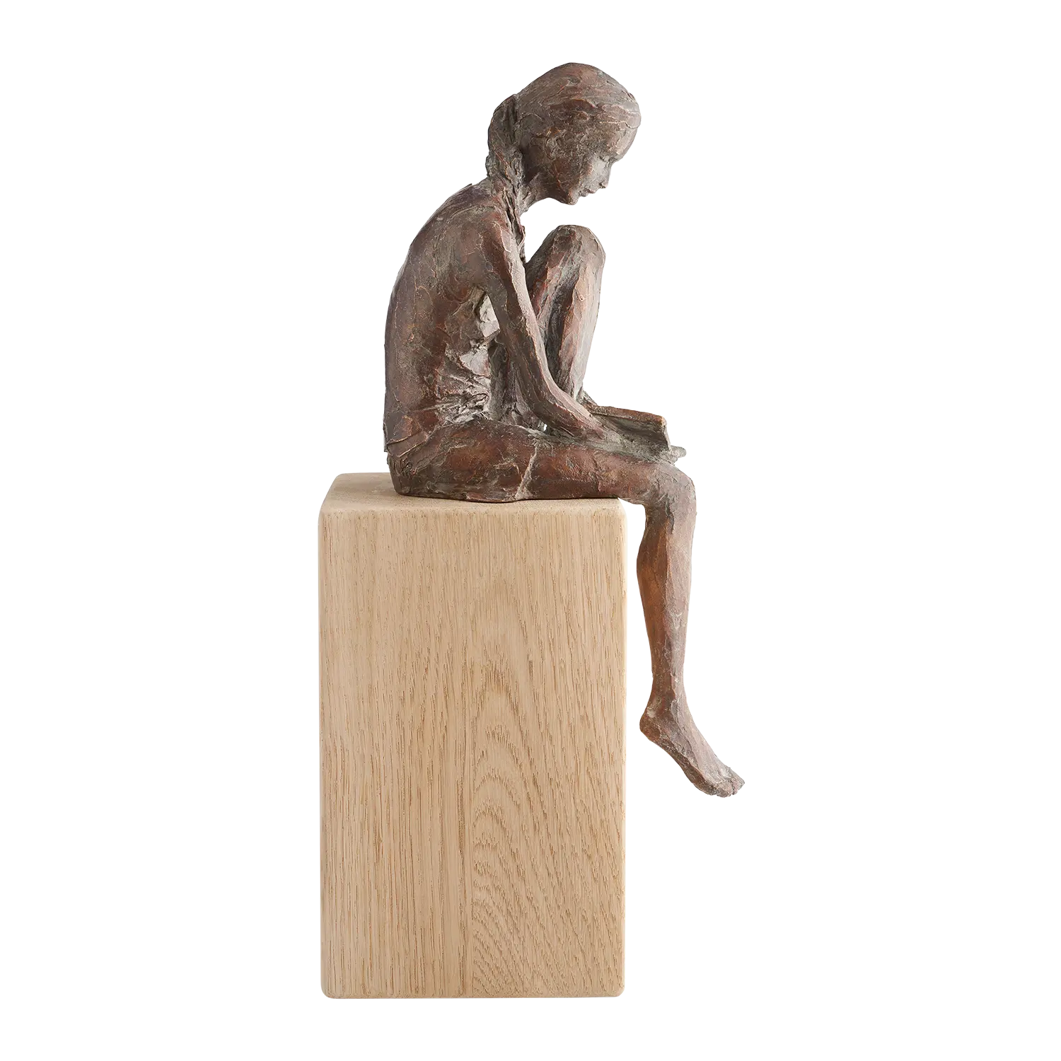 Lesende", Bronze mit Eichensockel, limitierte Auflage von Valerie Otte.