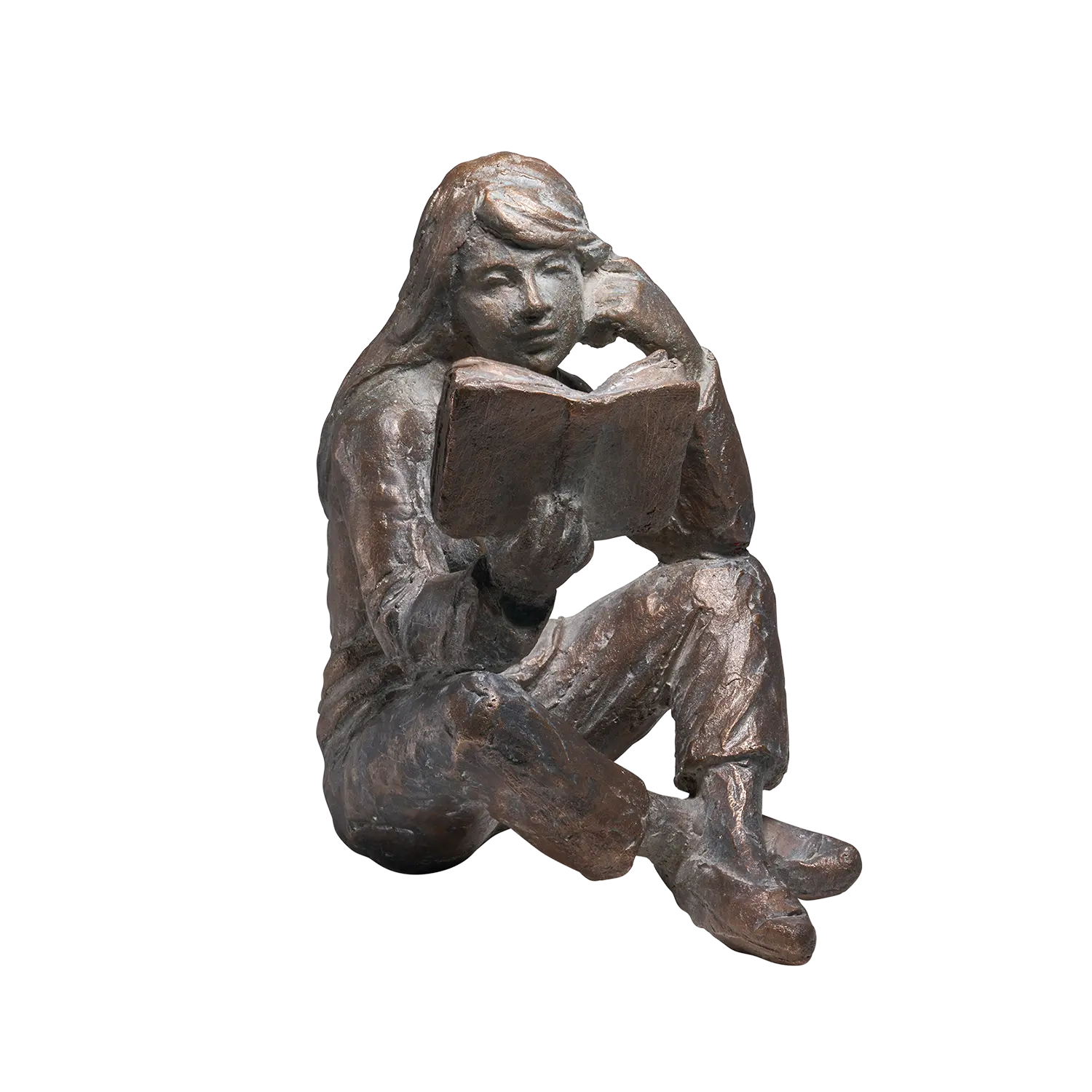 Bronzeskulptur "Lesende" - sitzende Person mit Buch von Luis Höger.
