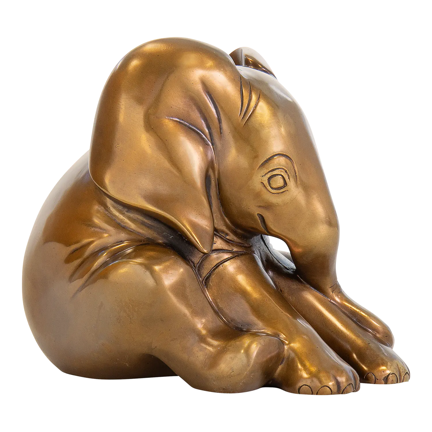 Kleiner Elefant: Bronzeskulptur eines sitzenden Babys mit eingerolltem Rüssel.