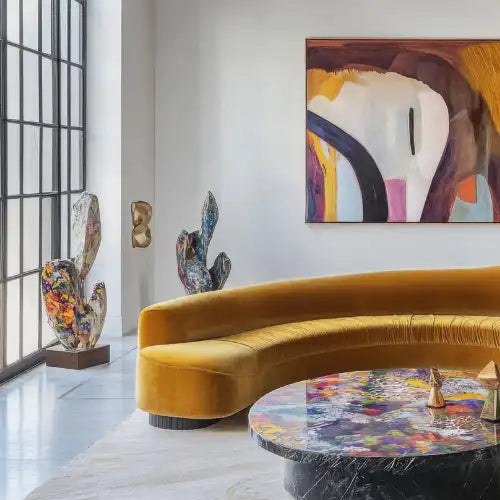 Modernes Wohnzimmer mit einem gelben, geschwungenen Sofa und farbenfrohem, abstraktem Dekor.