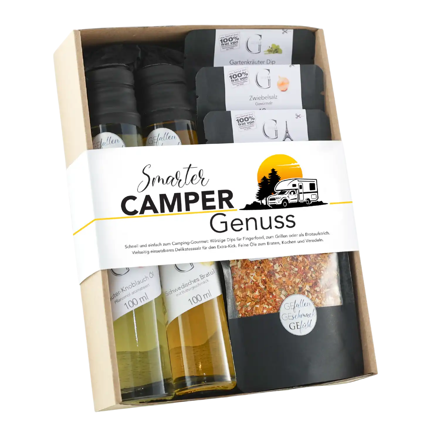 Geschenkbox Hobby-Set Camper Genuss mit Bratöl, Camping Gewürzen und Label.