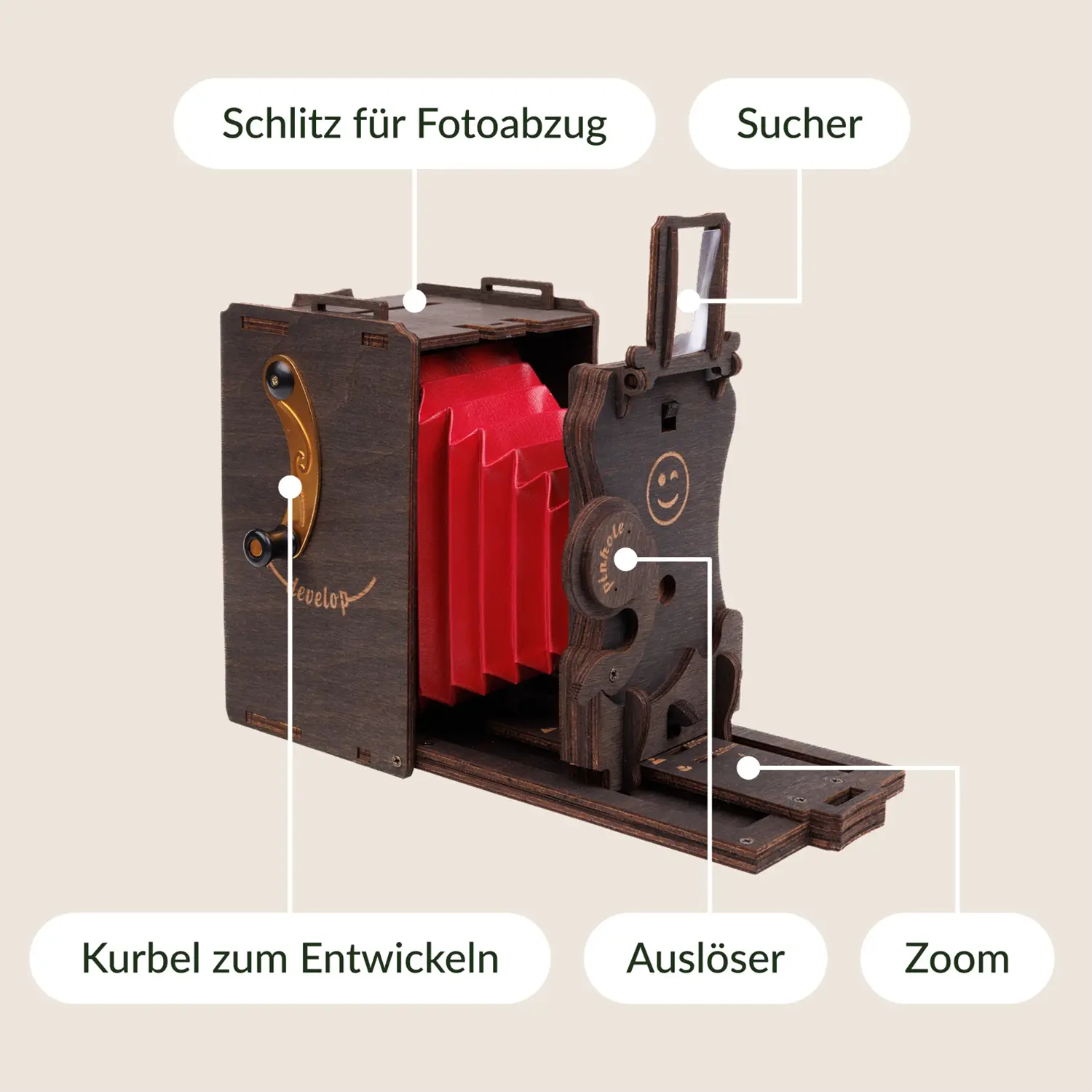 3D-Holzpuzzle Sofortbildkamera Bausatz inkl.. Fujifilm Instax, beige Hintergrund