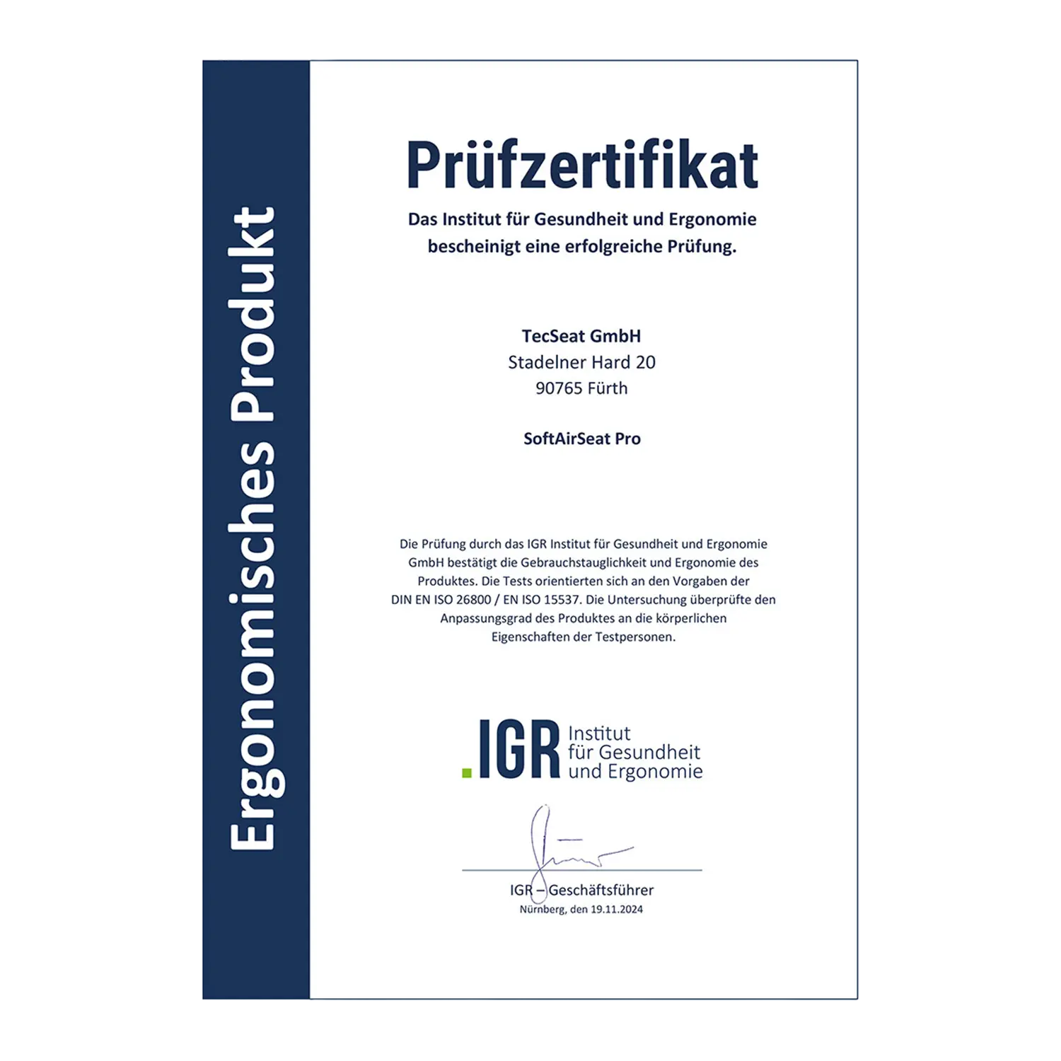 Deutsches ergonomisches Produktzertifikat für das SoftAirSeatPro Sitzkissen.