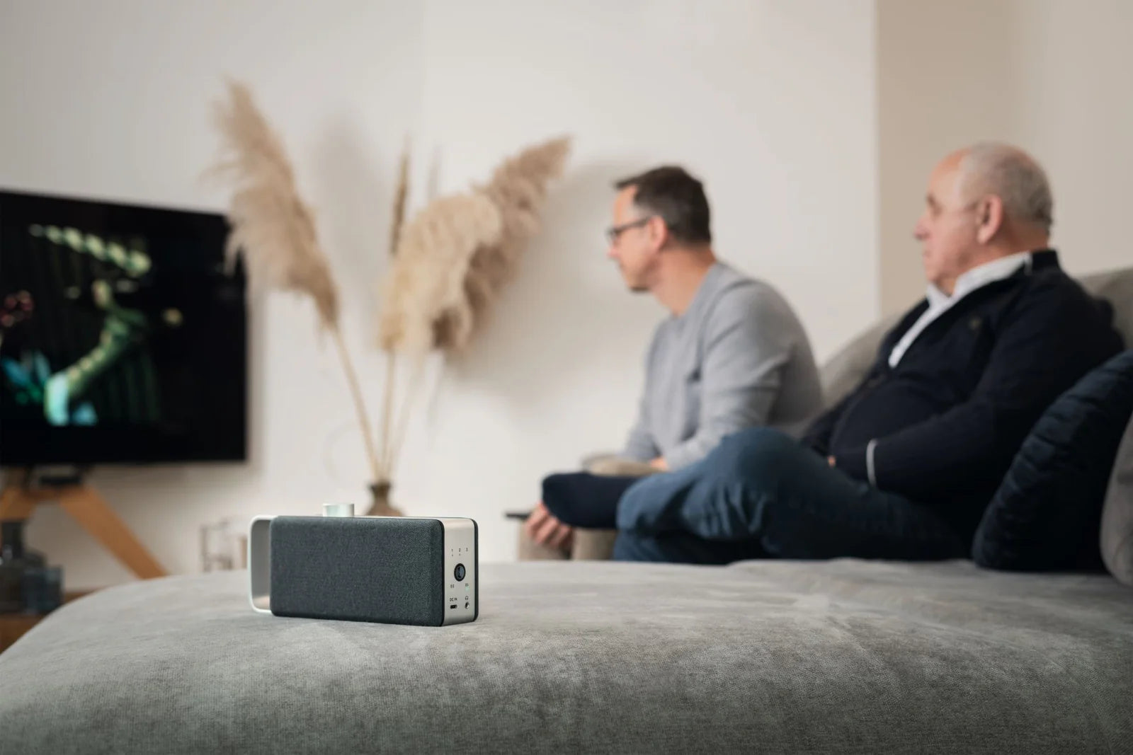 Zwei Männer sitzen auf einer Couch und sehen fern, im Vordergrund ein Lautsprecher.