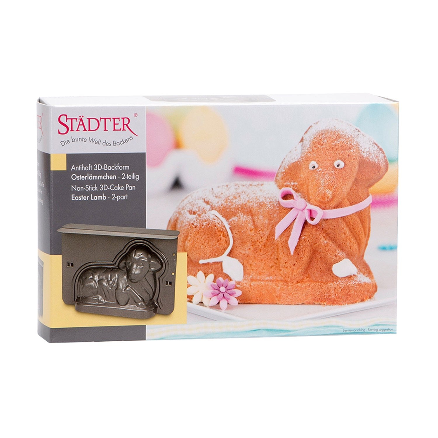 Box mit einer 3D Osterlamm Backform antihaftbeschichtet und Tortenfoto.