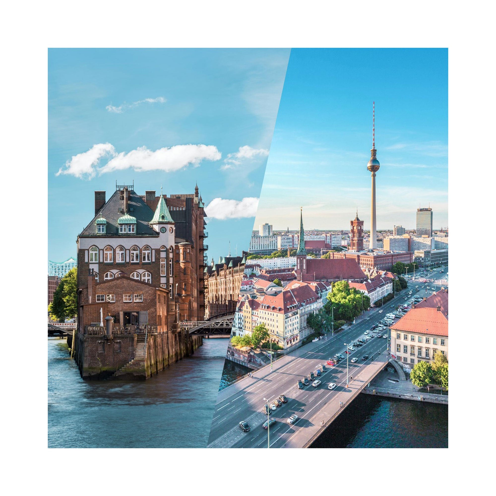 Halten Sie die Essenz einer lebendigen Städtereise mit einem geteilten Bild fest: Hamburgs Speicherstadt mit ihren Backsteingebäuden und Wasserstraßen auf der einen Seite, die Berliner Skyline mit dem legendären Fernsehturm auf der anderen. Perfekt für kuratierte Geschenkerlebnisse oder luxuriöse Aufenthalte in Top-Hotels mit der Geschenkbox Städtereise.