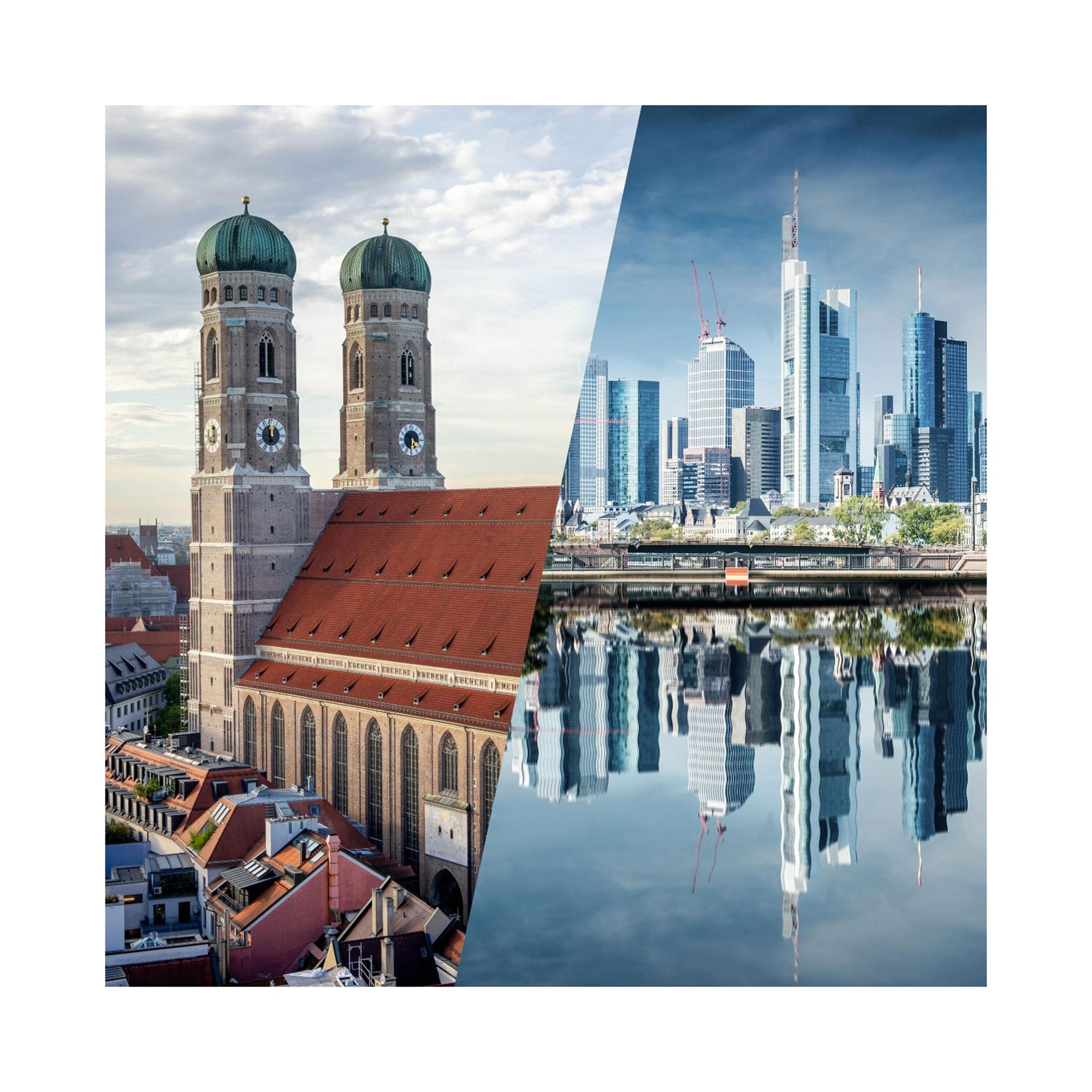 Ein geteiltes Bild zeigt München mit den Zwillingstürmen der Frauenkirche und die modernen Wolkenkratzer Frankfurts, die sich unter klarem Himmel in einem Fluss spiegeln und so das perfekte Städtereise-Erlebnis verkörpern, vergleichbar mit dem Auspacken einer Geschenkbox.