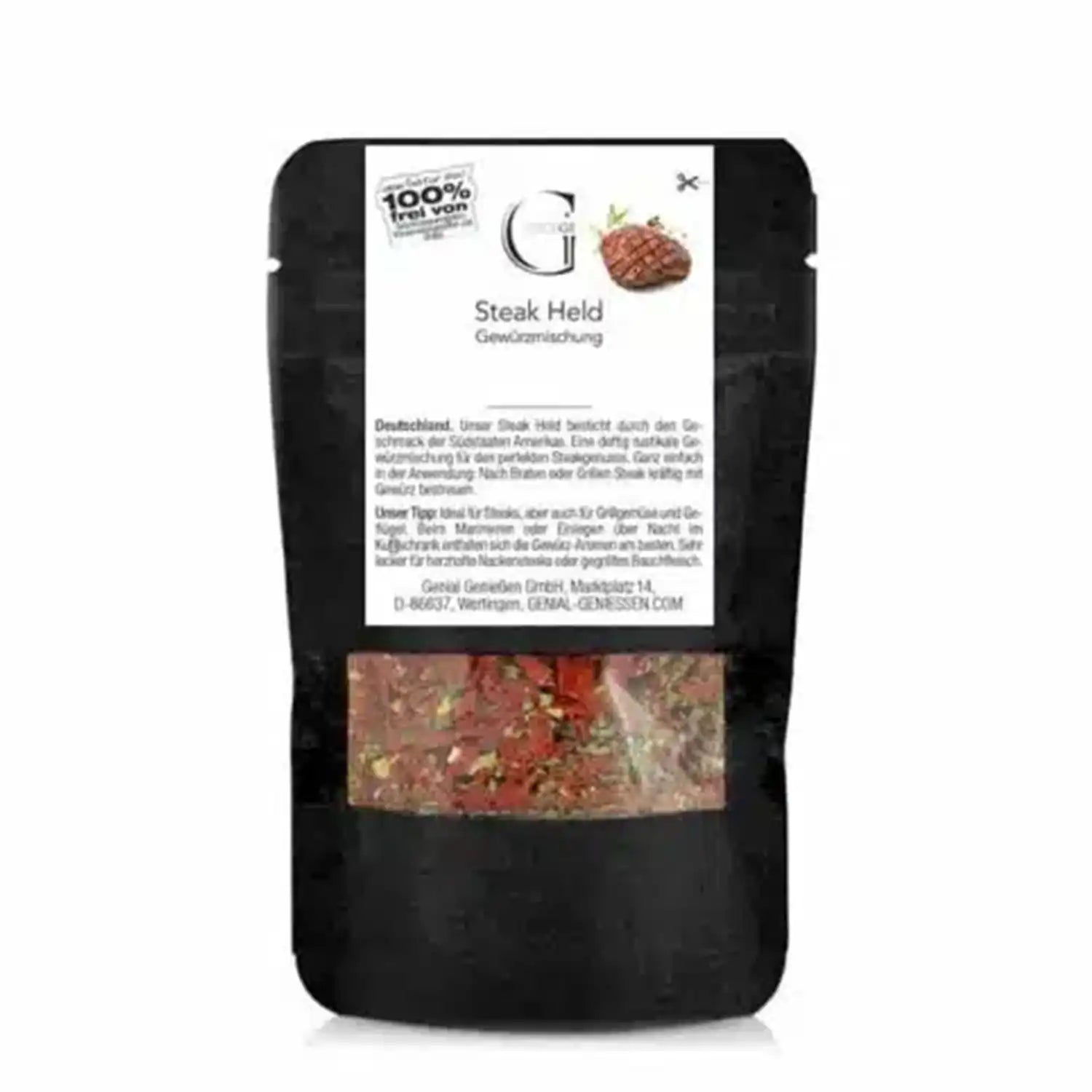 Schwarzer Beutel mit Steak Held Gewürzmischung mit Sichtfenster, das den Inhalt anzeigt.