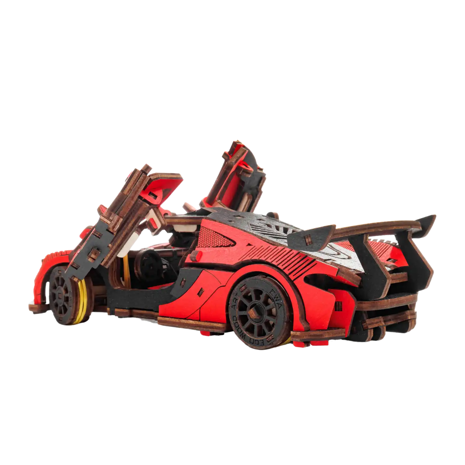 Das 3D-Holzpuzzle Auto in Rot ist ein rot-schwarzes Rennwagenmodell aus Holz mit Flügeltüren, detaillierten Rädern, aerodynamischen Elementen, einem Heckspoiler und aufwendigen Ausschnitten für einen realistischen Sportwagen-Look.