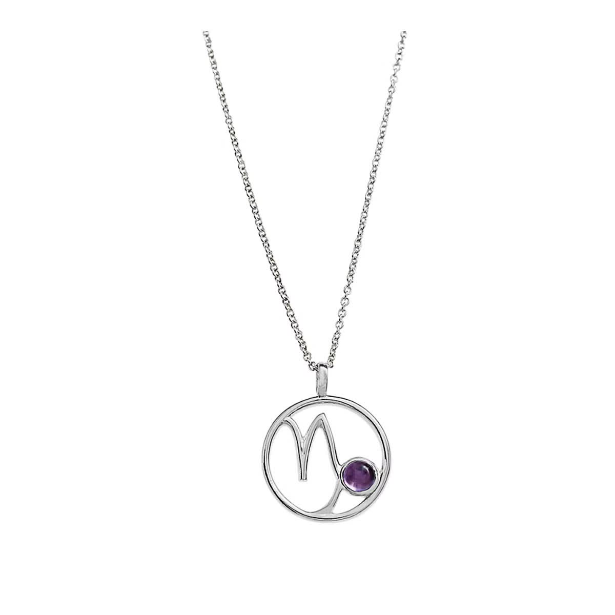 Der Kettenanhänger Sternzeichen Steinbock mit Kette präsentiert das Steinbock-Symbol in Sterlingsilber mit einem Kreisdesign. Ein kleiner Amethyst-Edelstein akzentuiert den Anhänger an einer zarten Kette und verleiht diesem exquisiten Schmuckstück Schlichtheit und Charme.