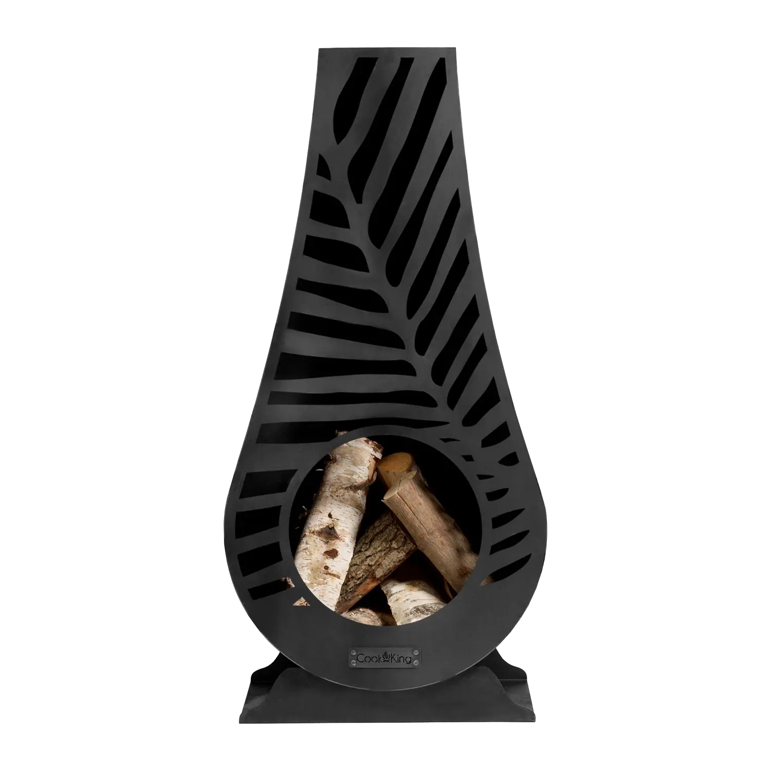 Gartenofen zum Kochen Utah: schwarzer Metallkamin für gestapeltes Brennholz.