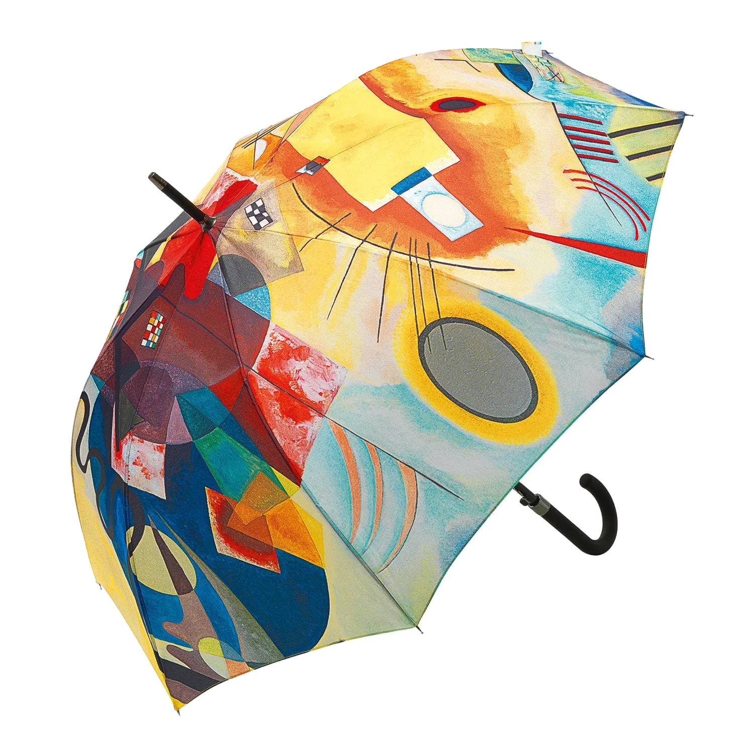 Stockschirm "Gelb - Rot - Blau" zeigt abstrakte, geometrische, wirbelnde Muster.