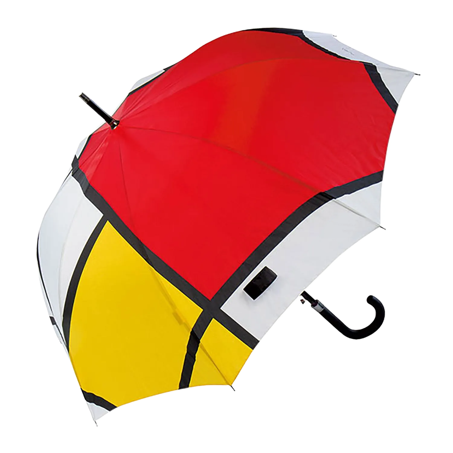 Stockschirm "Komposition in Rot, Blau und Gelb" mit einem geometrischen Muster.