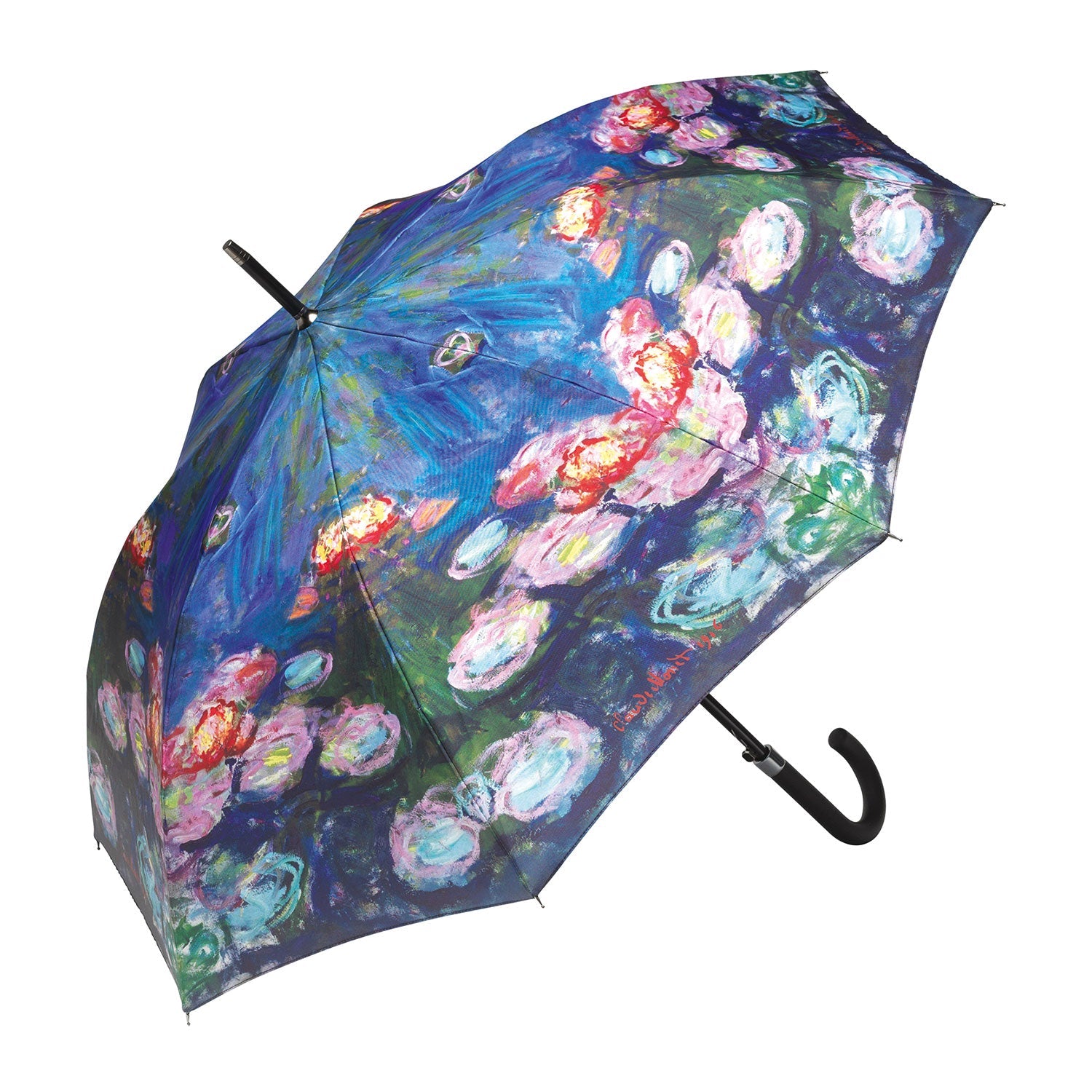 Der Stockschirm „Nymphéas“ präsentiert ein vom Impressionismus inspiriertes Design mit leuchtend blauen, rosa und weißen Pinselstrichen, die an Claude Monets Seerosen erinnern. Er verfügt über einen eleganten schwarzen Griff.