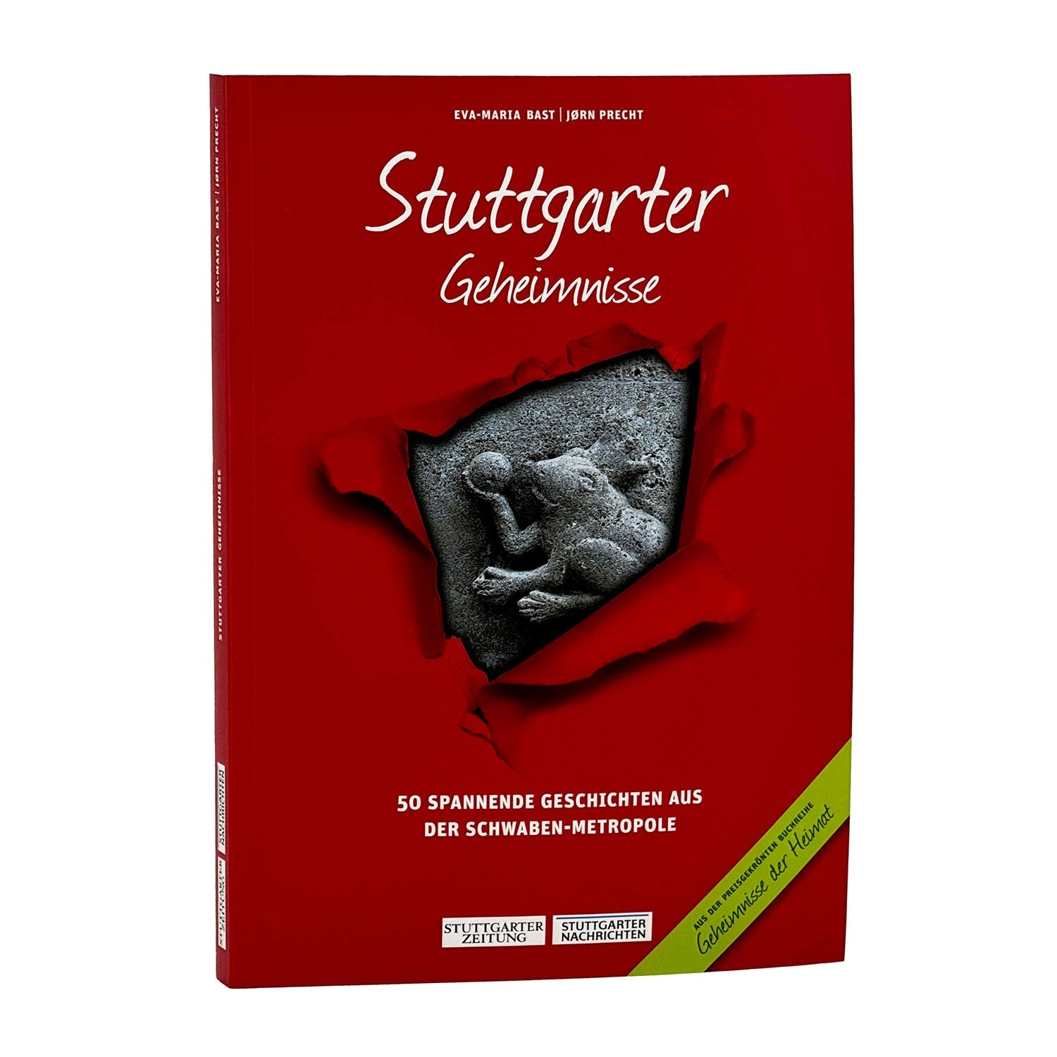 Das rote Cover von „Stuttgarter Geheimnisse“ zeigt auf faszinierende Weise eine antike Steinmetzarbeit, die zwei Männer zeigt, die sich die Hände schütteln. Der Untertitel „50 spannende Geschichten aus der Schwaben-Metropole“ verspricht Geheimnisse über Stuttgart, mit Logos renommierter Lokalpublikationen.