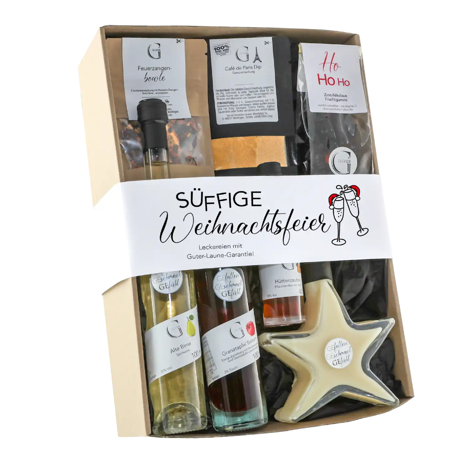 Süffige Weihnachtsfeier Geschenkset mit Drinks Sternkerze verschenken.