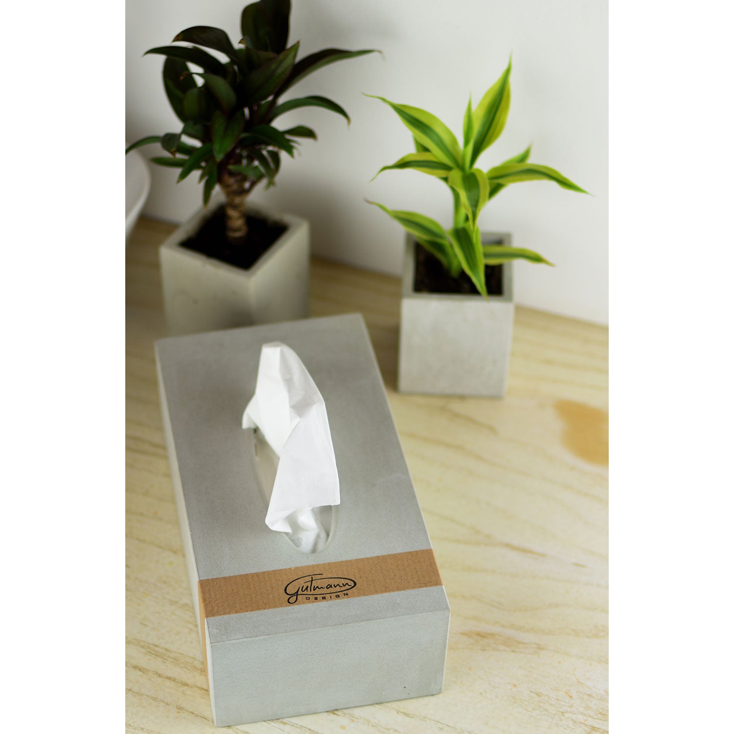 Eine Taschentücherbox aus Beton steht auf einer Holzoberfläche und präsentiert mit ihrem braunen Etikett ein minimalistisches Design, während zwei kleine Topfpflanzen in quadratischen Töpfen im Hintergrund die moderne Ästhetik verstärken.
